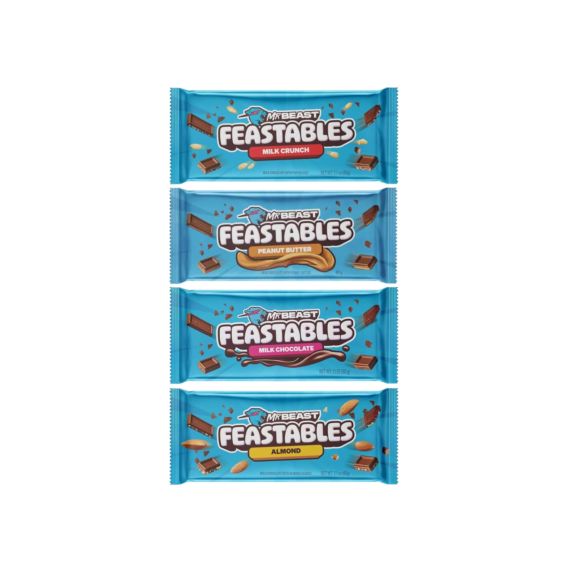 Mr Beast Feastable Chocolate Bar Mix Bundle - x1 Milk Chocolate, x1 Almond Milk Chocolate, x1 Milk Crunch, x1 Peanut Butter - 4 x 60g Bars