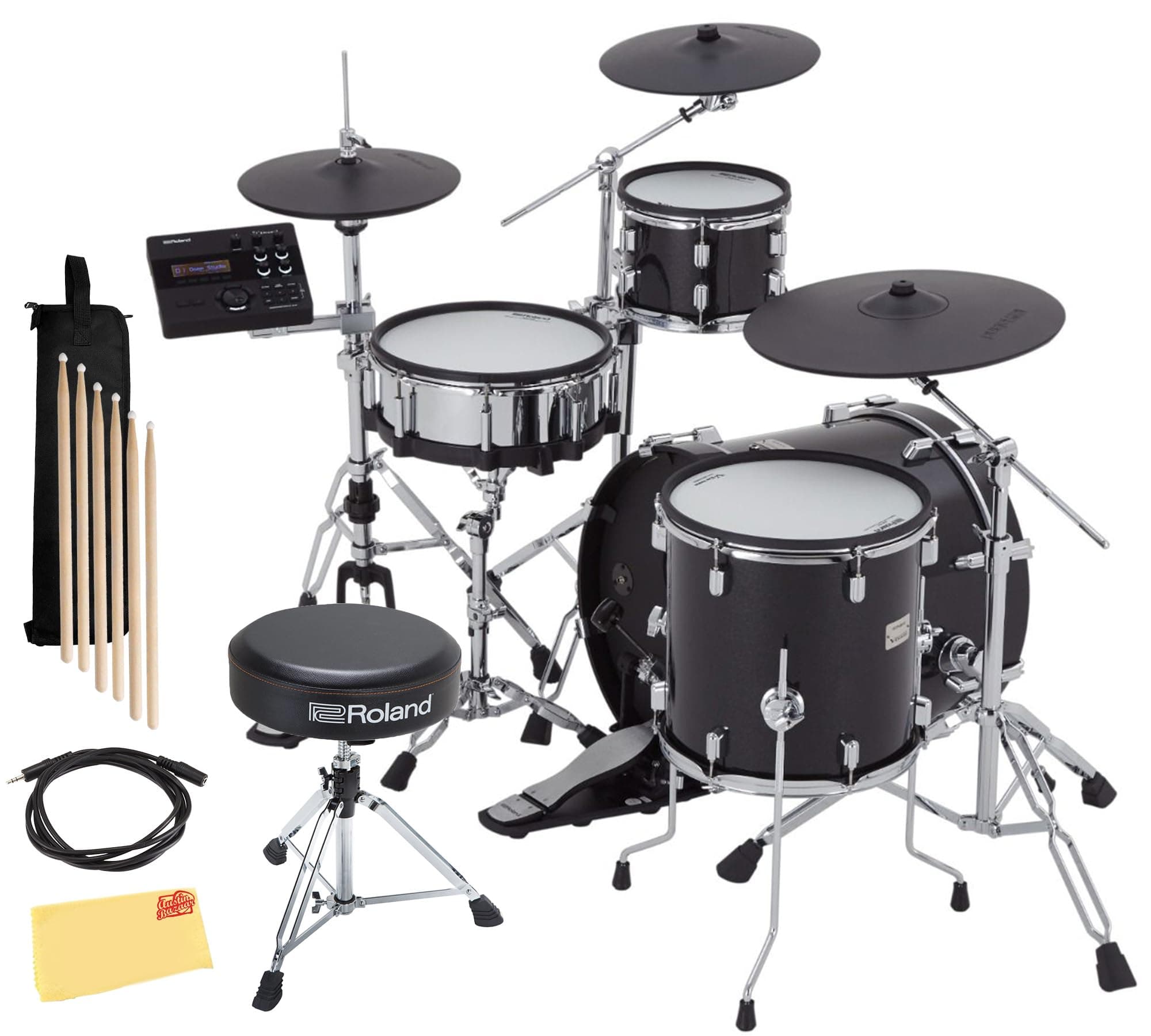 Roland VAD504 V-Drums Acoustic Design Electronic Drum Set Bundle with Drum Throne, Audio Cable, Drumstick Bag, 3 Pairs of Drumsticks, and Austin Bazaar Polishing Cloth