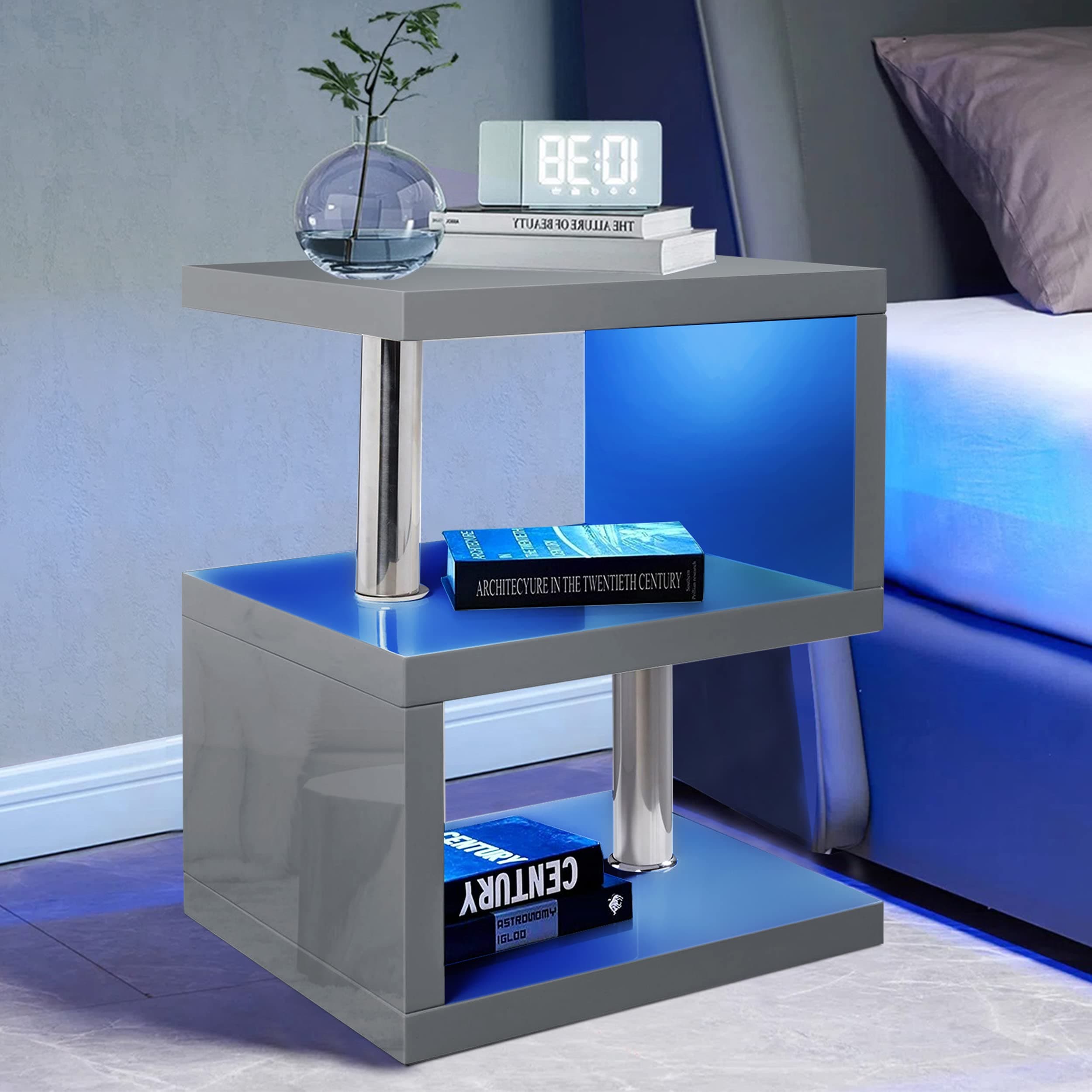 Blisswood High Gloss Coffee Table Small Side table With Storage Shelves, S Shape Tier Sofa End Table With Led RGB Lights Rectangle For Living Room Furniture (Grey)