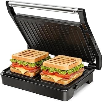 – Aigostar Sandwich Toaster Panini Press, 1000W Deep Fill Toastie Maker, Non-Stick-Coated Aluminium Plates, Indicator Light, Stainless Steel, Black-Larissa