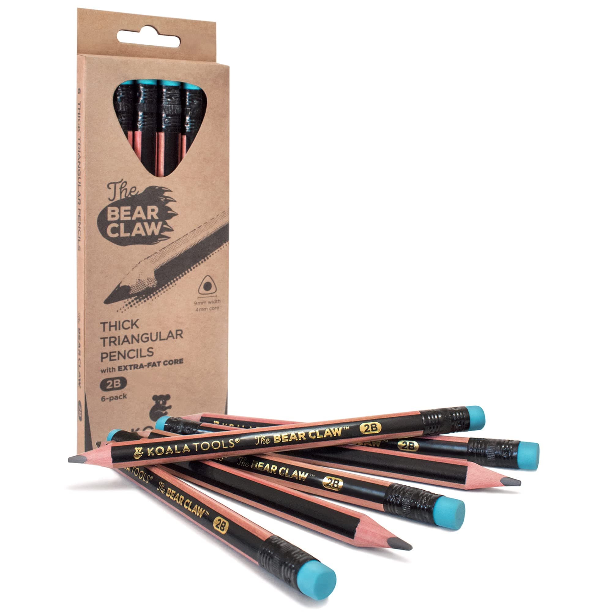 Bear Claw Pencils 1-Pack (6 Pencils) - Fat, Thick, Strong, Triangular Grip, Graphite, 2B Lead with Eraser - Suitable for Kids, Art, Drawing, Drafting, Sketching & Shading
