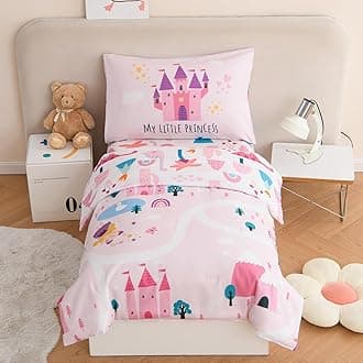 PERFEMET 4 Pieces Girls Toddler Bedding Set Pink Castle Fairy Tales Toddler Comforter Set Reversible Colorful Rainbow Princess Printed Toddler Bed Set with Sheets(Pink, Castle)