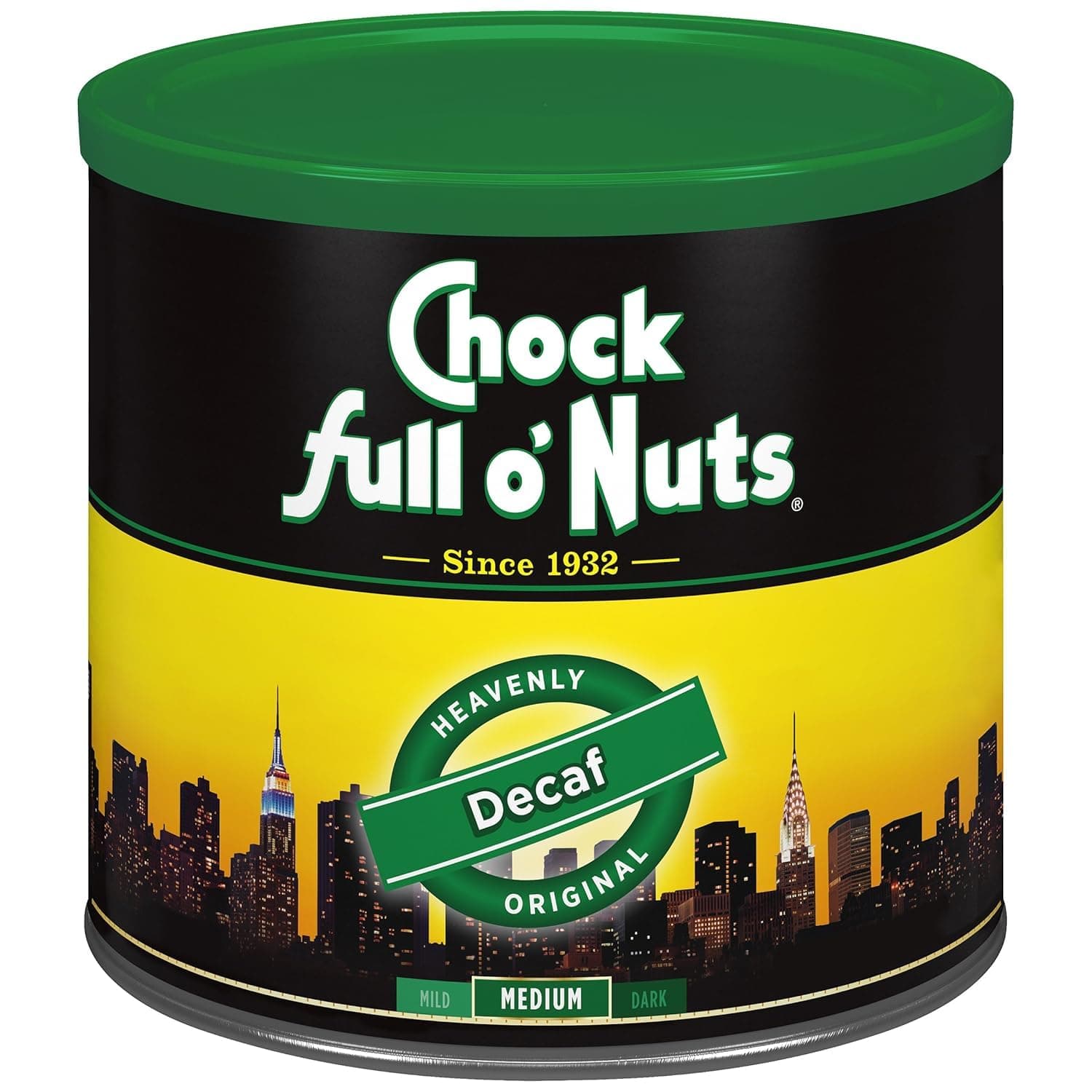 Chock Full o' Nuts Heavenly Original Decaf Ground Coffee – Premium Beans in Recyclable Steel Can – Rich Flavor & Aroma, Medium Roast – Perfect for Drip, Pour-Over, Percolator – 24 Oz Can