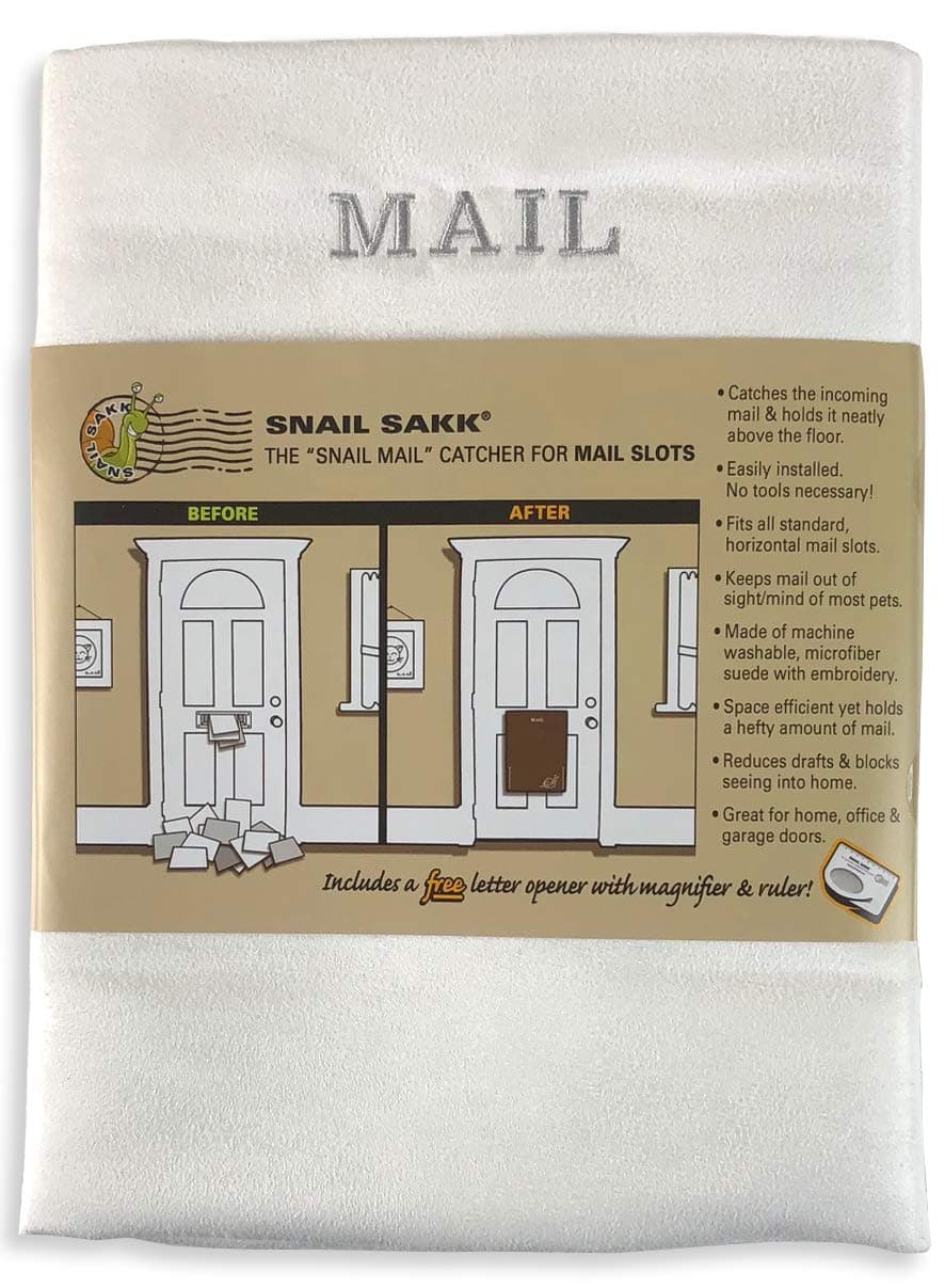 SNAIL SAKK: Post Catcher for Letterboxes - WHITE. No Tools/Screws Needed! Space Saving, Reduces Draughts, Machine Washable, Large Size. Home, Office + Garage Doors. [Basket Letter Cage Mail Box Bag]