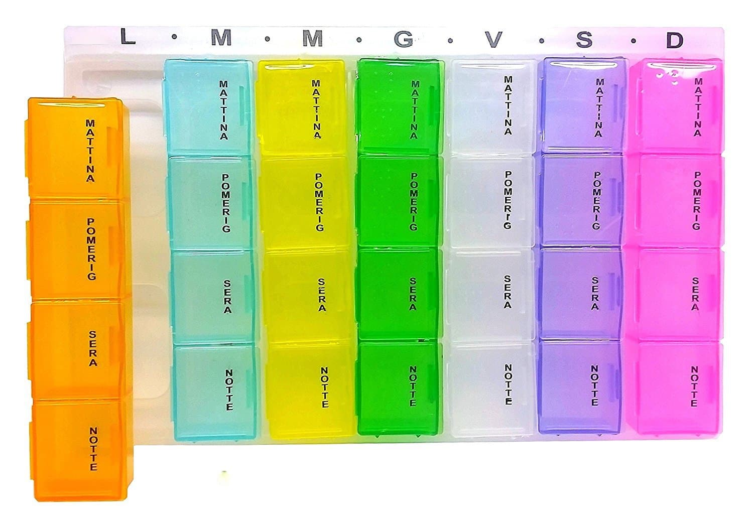 Inte Pill Box (Italian) 7 Day Pill Box, Every Day with Morning, Afternoon, Evening, Night, Reminder for Pills, 28 Compartments (multicolour)