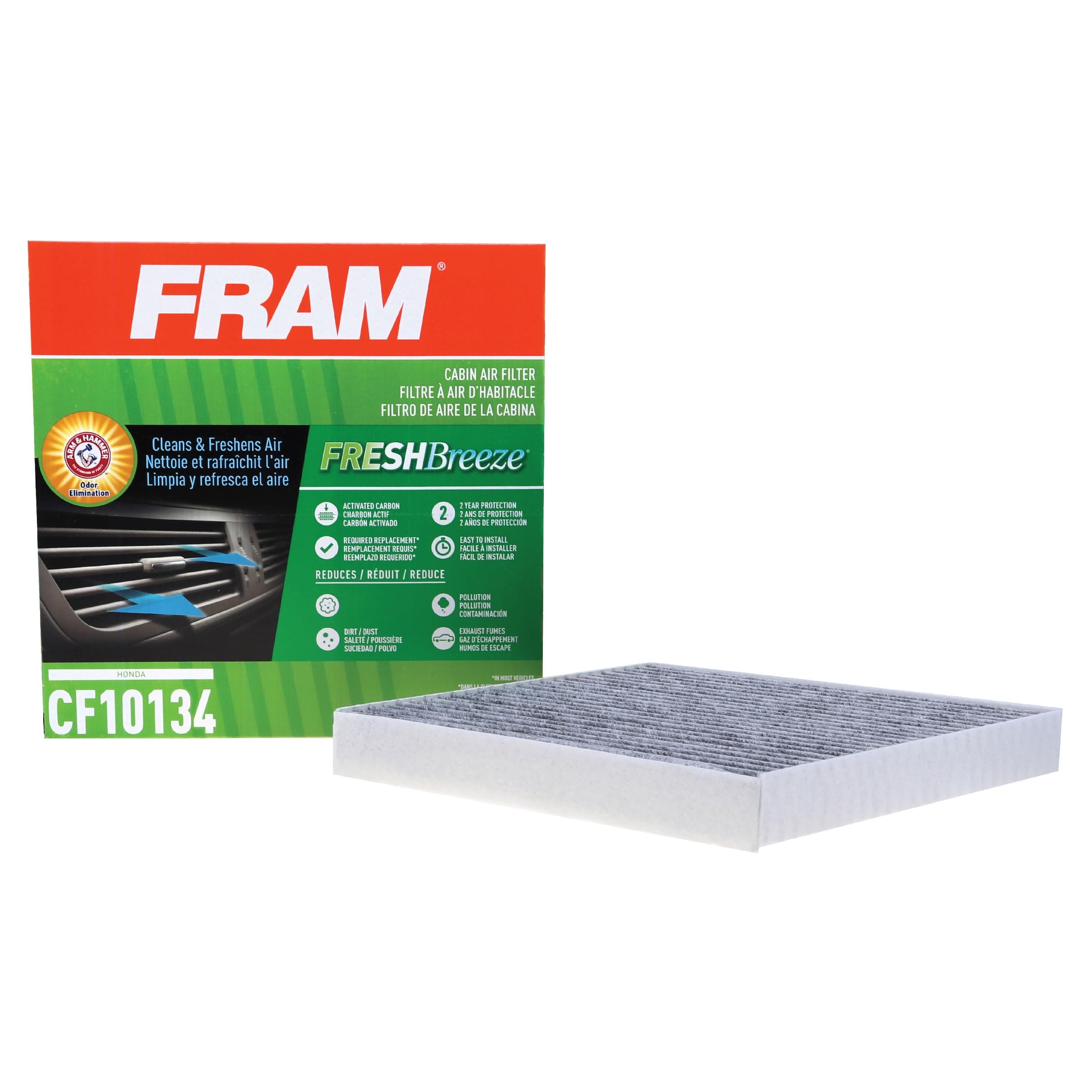 FRAM Fresh Breeze Cabin Air Filter Replacement for Car Passenger Compartment w/ Arm and Hammer Baking Soda, Easy Install, CF10134 for Honda Vehicles, white