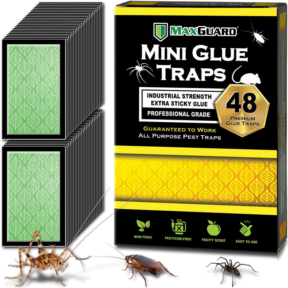 Mini Glue Traps (48 Traps) Non-Toxic Extra Sticky Glue Board Pre-Baited with Fruity Scent Attractant Trap & Kill Insects, Bugs, Spiders, Crickets, Scorpions, Cockroaches, Centipedes, Mice