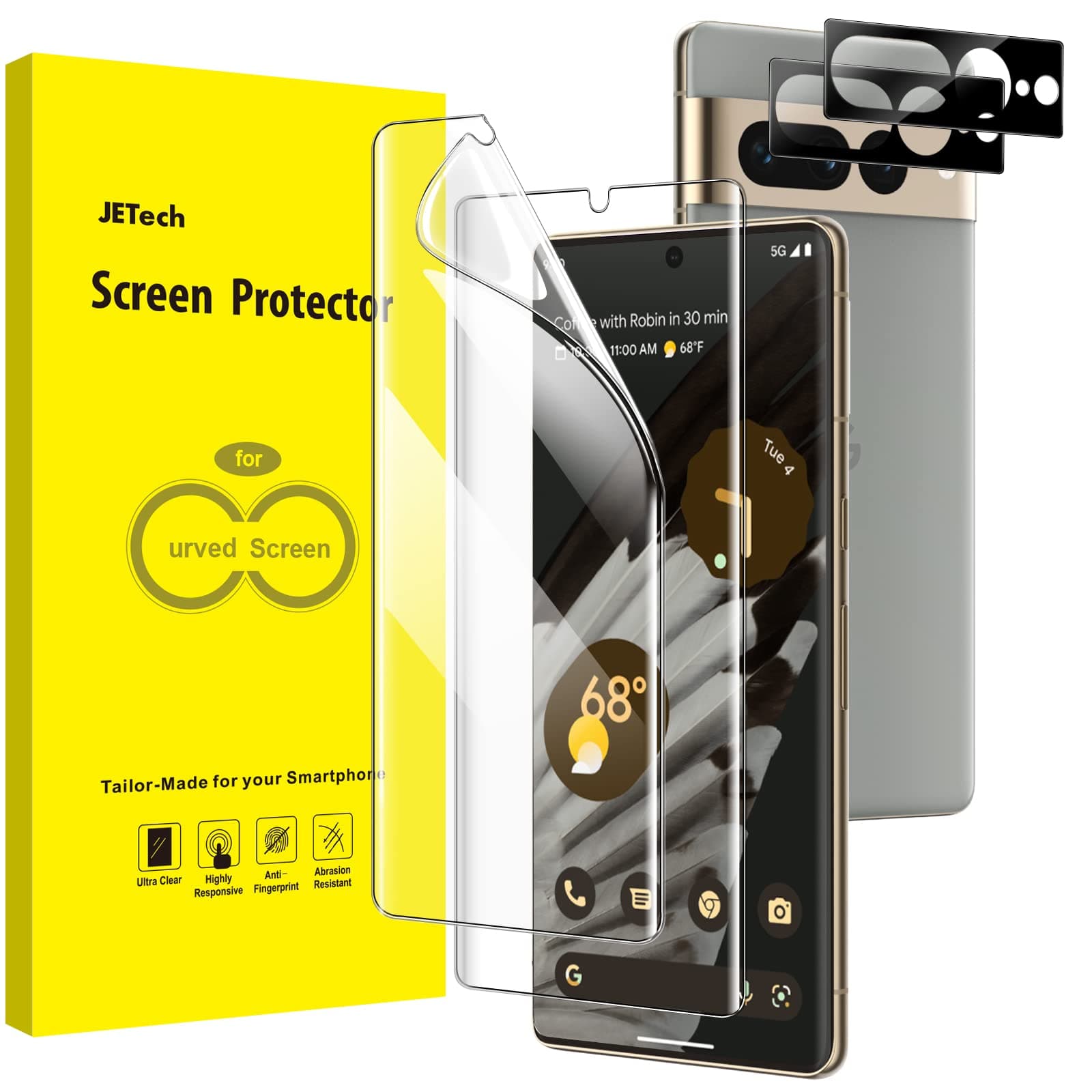 Screen Protector for Google Pixel 7 Pro with Camera Lens Protector, Flexible TPU Film, Fingerprint ID Compatible, HD Clear, Easy Install, 2-Pack Each