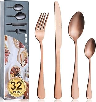 Cutlery Set, BEWOS 32 Piece Stainless Steel Flatware Set, Tableware Silverware Set with Matt Rose Gold Spoon Knife and Fork Set, Service for 8, Dishwasher Safe/Easy Clean