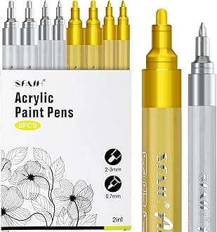 SFAIH Gold & Silver Acrylic Paint Markers - 8 Pack 2-3MM Medium Tip & 0.7MM Extra Fine Paint Pens for Rock Painting, Wood, Metal, Fabric, Plastic, Canvas, Glass, Ceramic, Diy Crafts