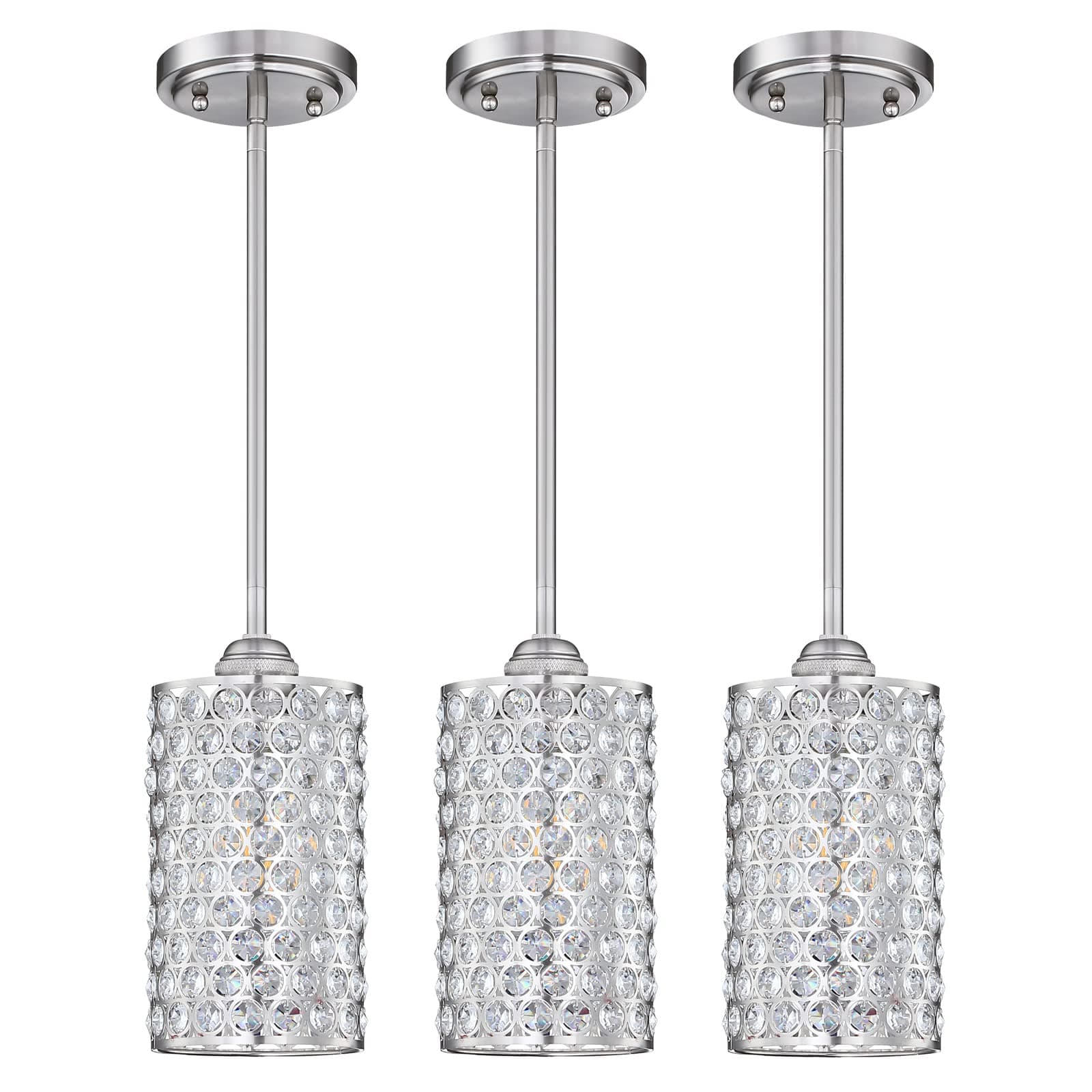 - 3 Pack 1 Light Hanging Kitchen Island Crystal Pendant Lighting Modern Concise Pendant Light Fixture Brushed Nickel Finish with Crystal Plate Metal Shade for Bar, Dining Room, Corridor,Living Room
