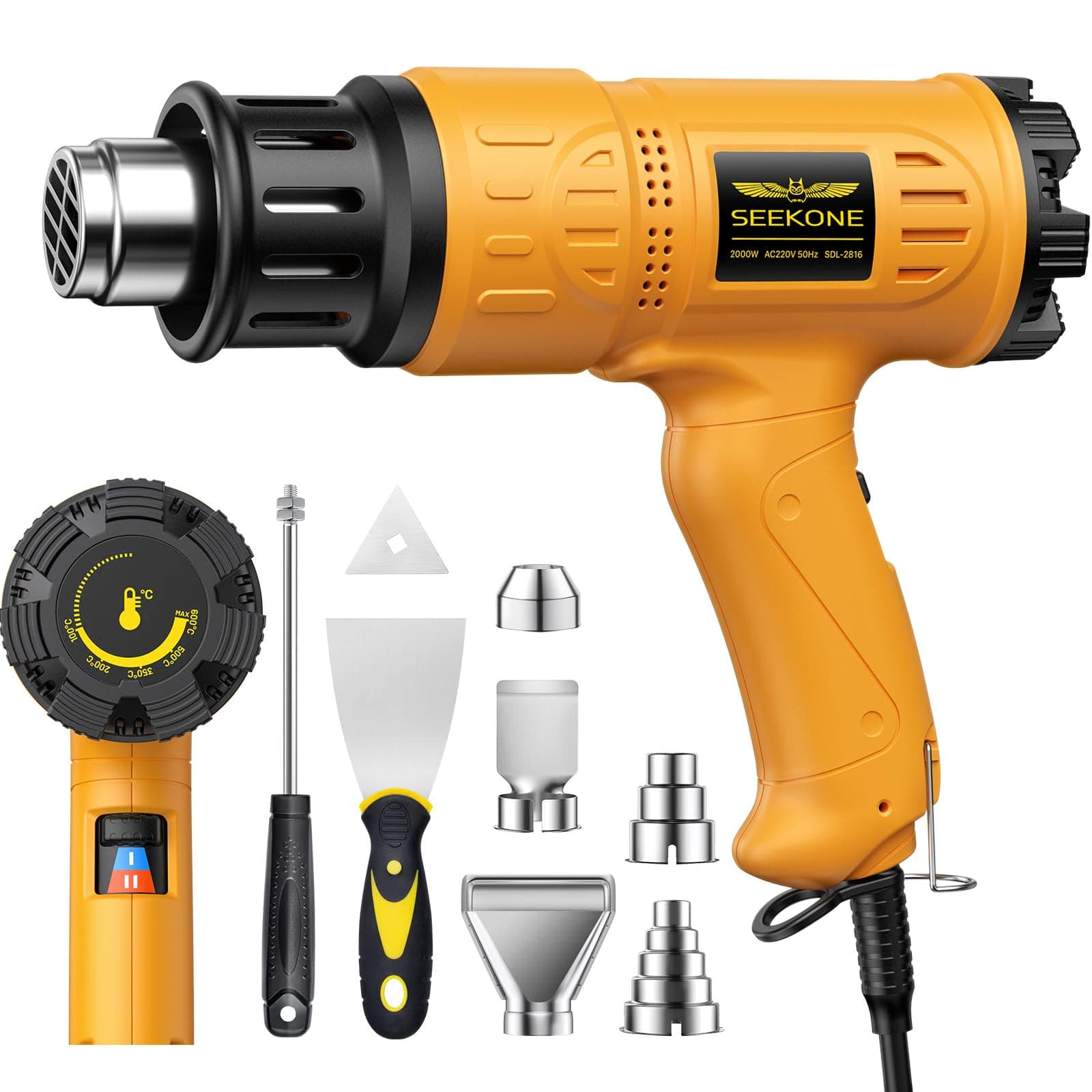 SEEKONE 2000W Professional Hot Air Gun 50℃- 600℃ Variable Temperature Control with 2-Temp Settings, Overload Protection, Double Heating Wire Fast Heating, 7 Accessories for Shrinking PVC