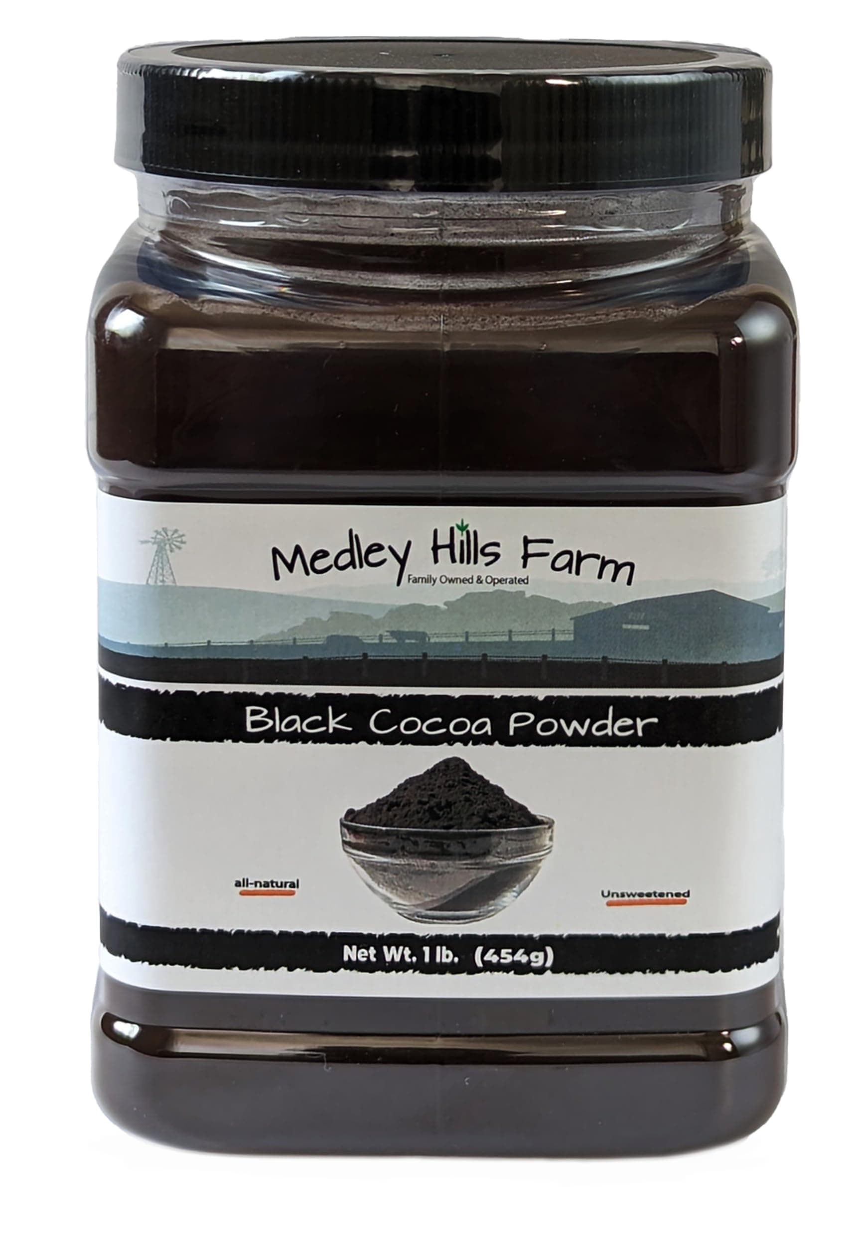 Medley Hills Farm Black Cocoa Powder 1 Lb. In Reusable Container - Great For Baking Dutch Processed Unsweetened