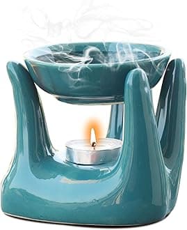Oil Burner for Home, Office, with 1 Tea Light Candle, Made by Porcelain (Green)