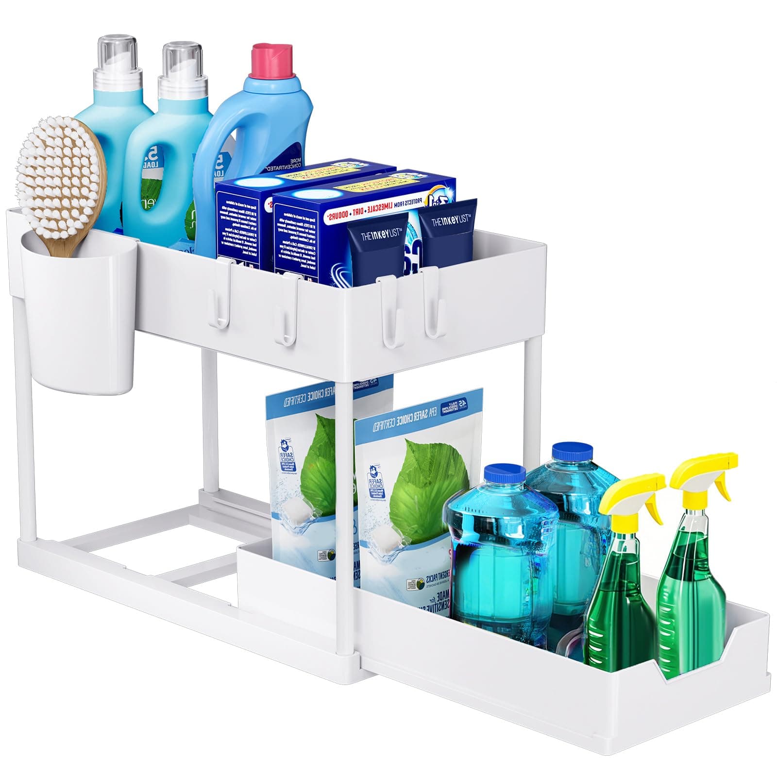 Puricon 1 Pack Under Sink Storage Kitchen Organiser, 2 Tier Under Sink Shelf with Slide Out Drawer, Multi-Purpose Storage Rack for Countertop Laundry -White