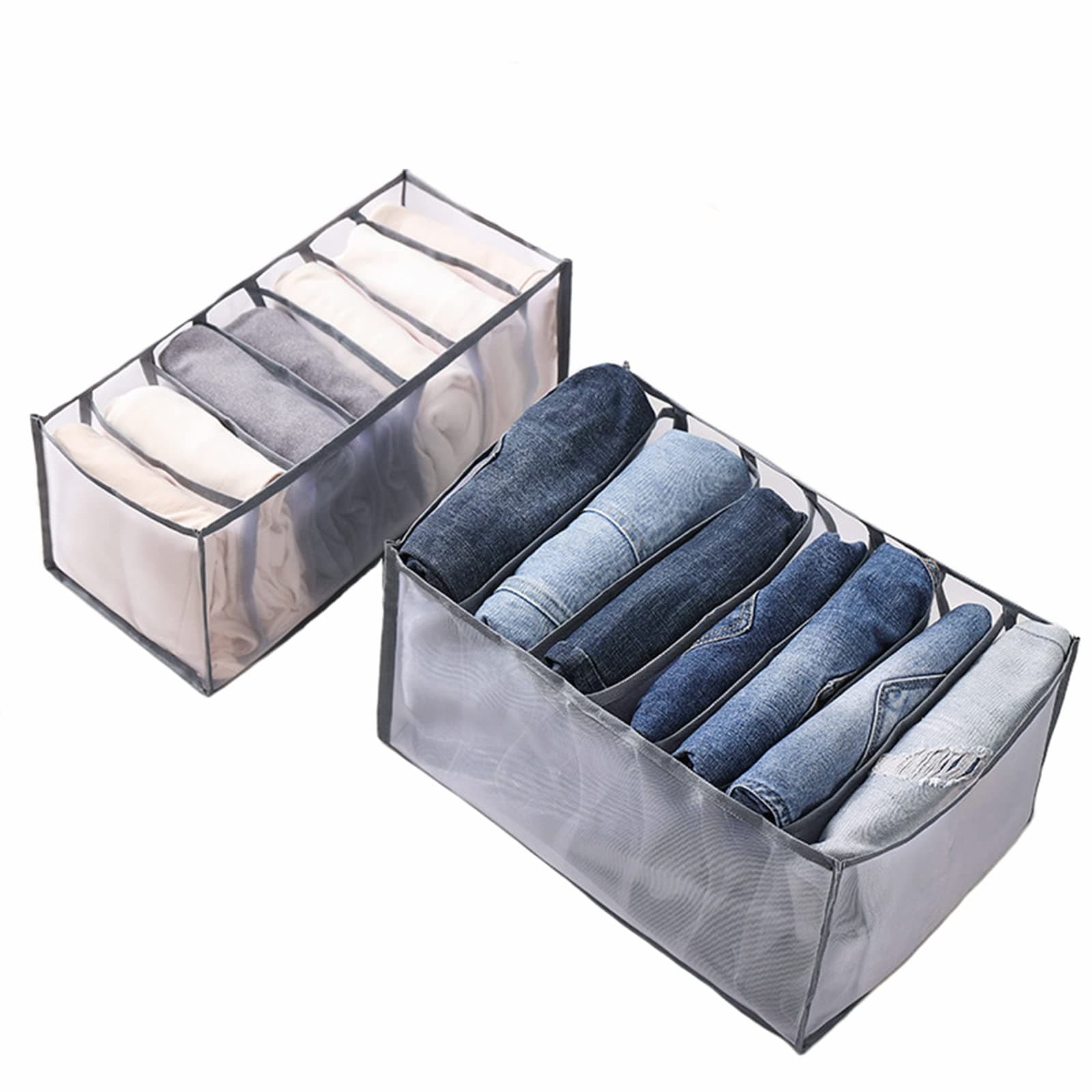 MINSIR 2Pcs Wardrobe Clothes Organiser, Foldable Wardrobe Storage Organiser, 7 Grids Jeans Storage Organiser, Washable Drawer Organiser for Trousers, T-Shirt, Skirts, Leggings, Grey