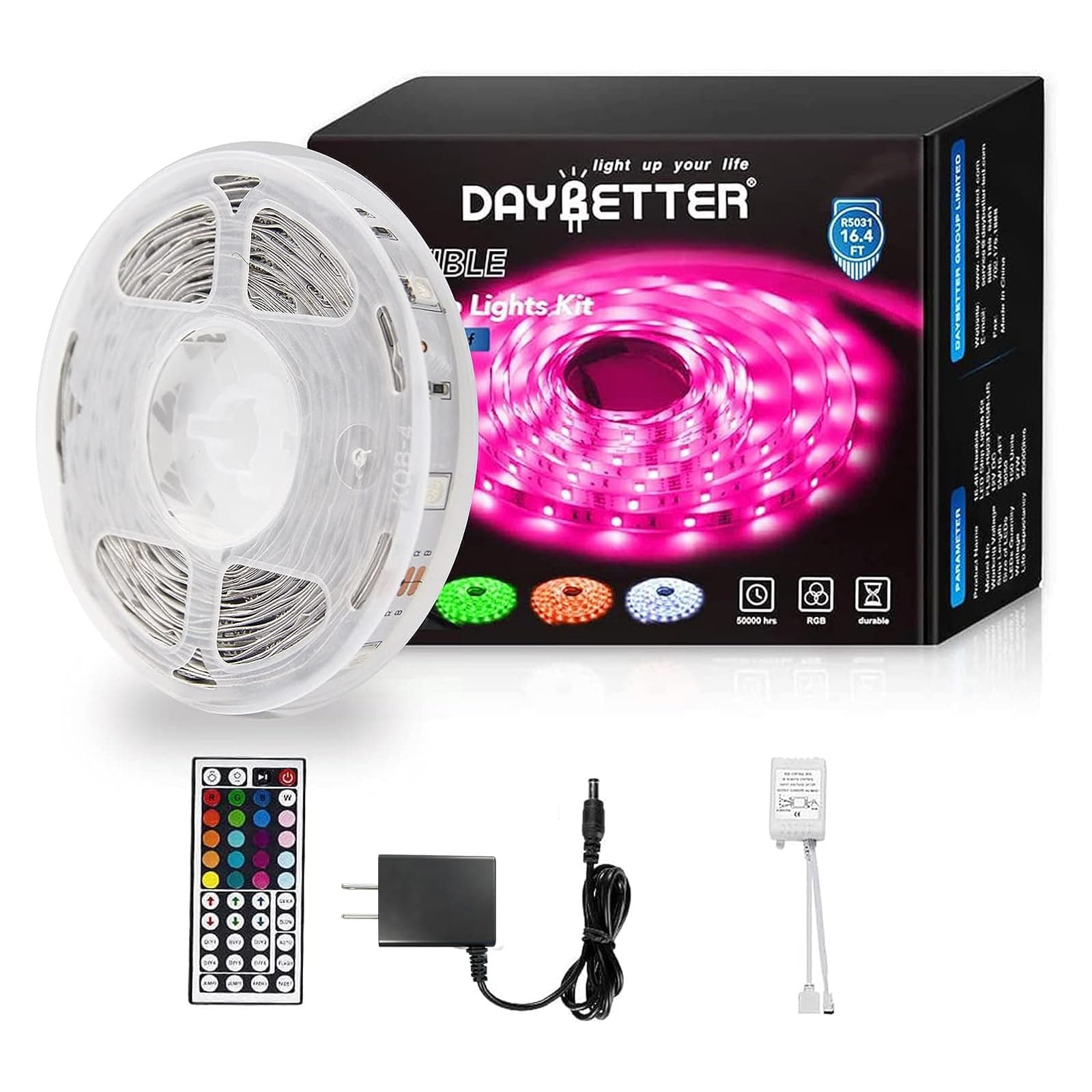 DAYBETTER Led Strip Lights 16.4ft W/ Remote Controller and Power Supply