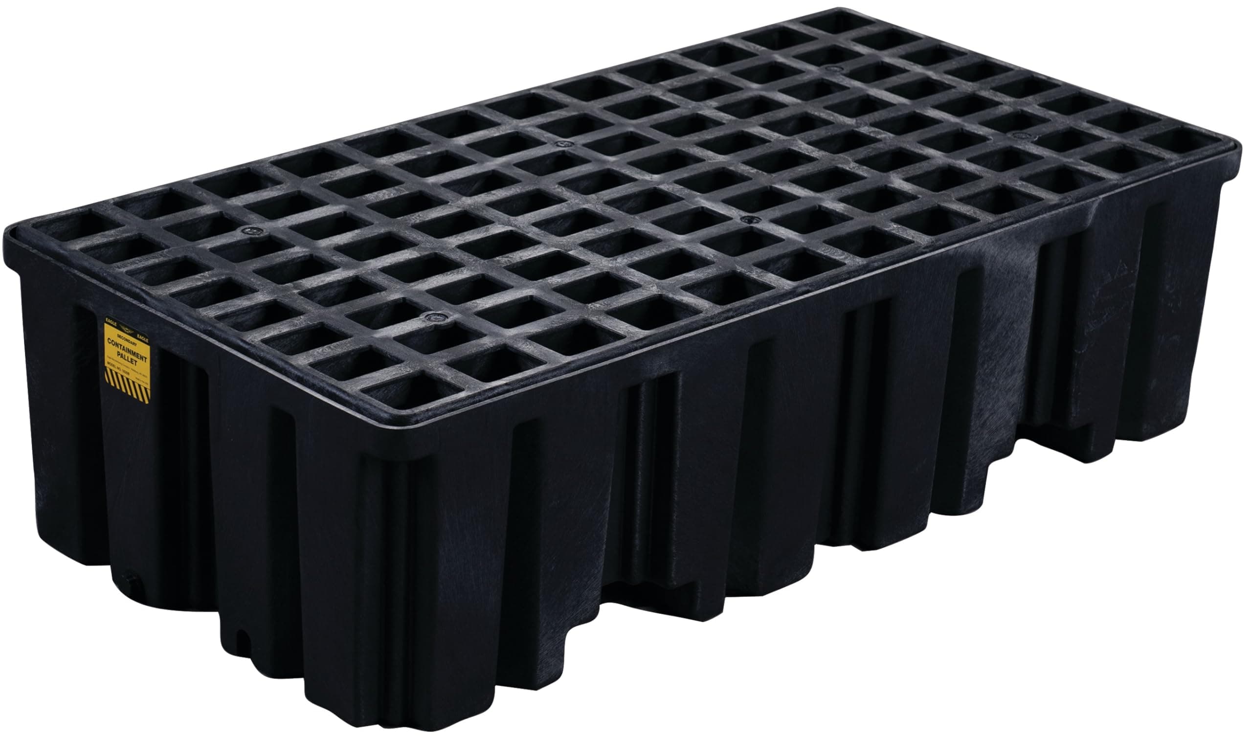 Eagle 2 Drum Spill Containment Pallet with Drain and Forklift Pockets, 51.5"x26.25"x13.75", 66 Gallon Sump, 4,000 lbs. Load Capacity Secondary Containment Pallet, Made in USA, Black, 1620B