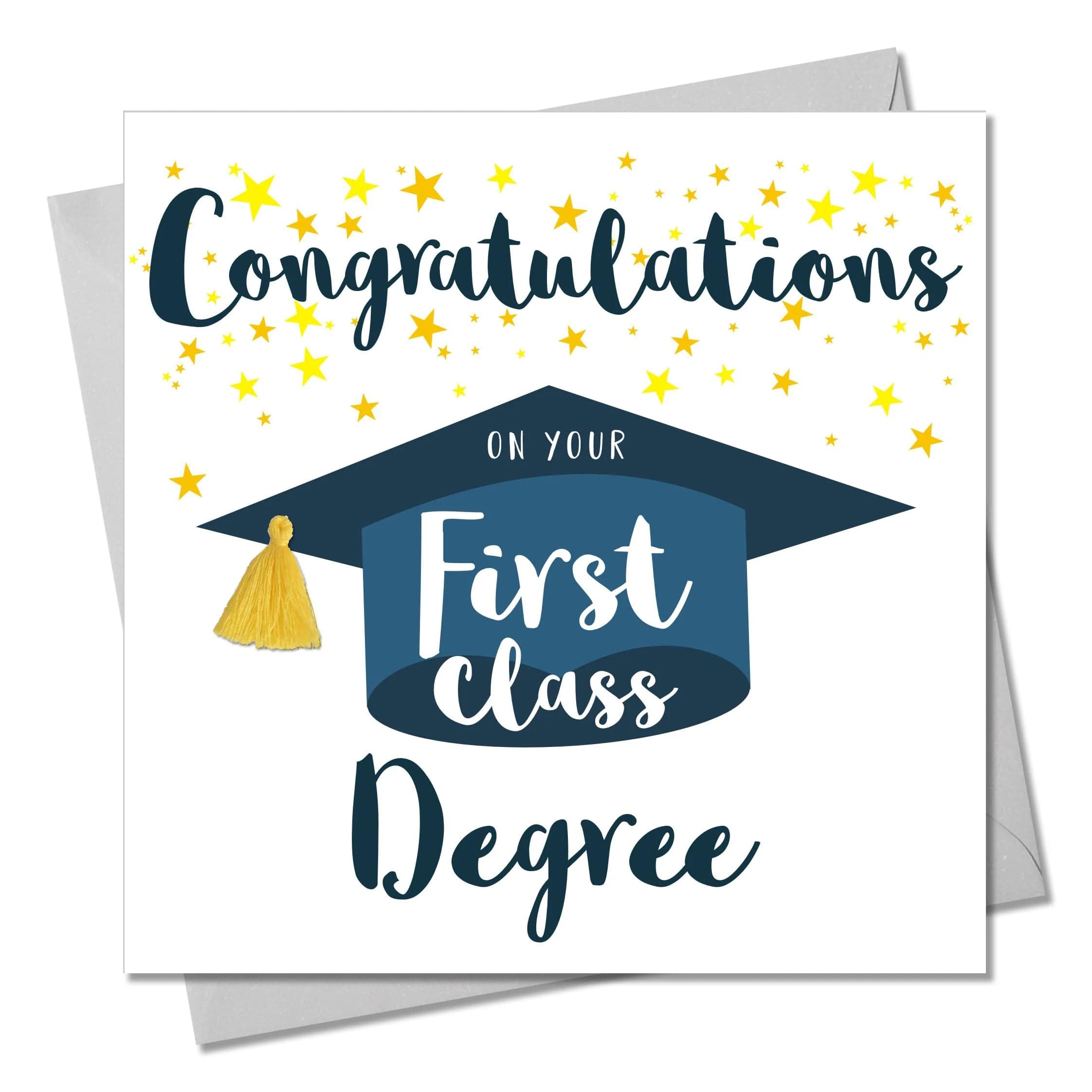 First Class Degree Congratulations Card, 1st Class Honours Graduation Card, Embellished with a colourful tassel