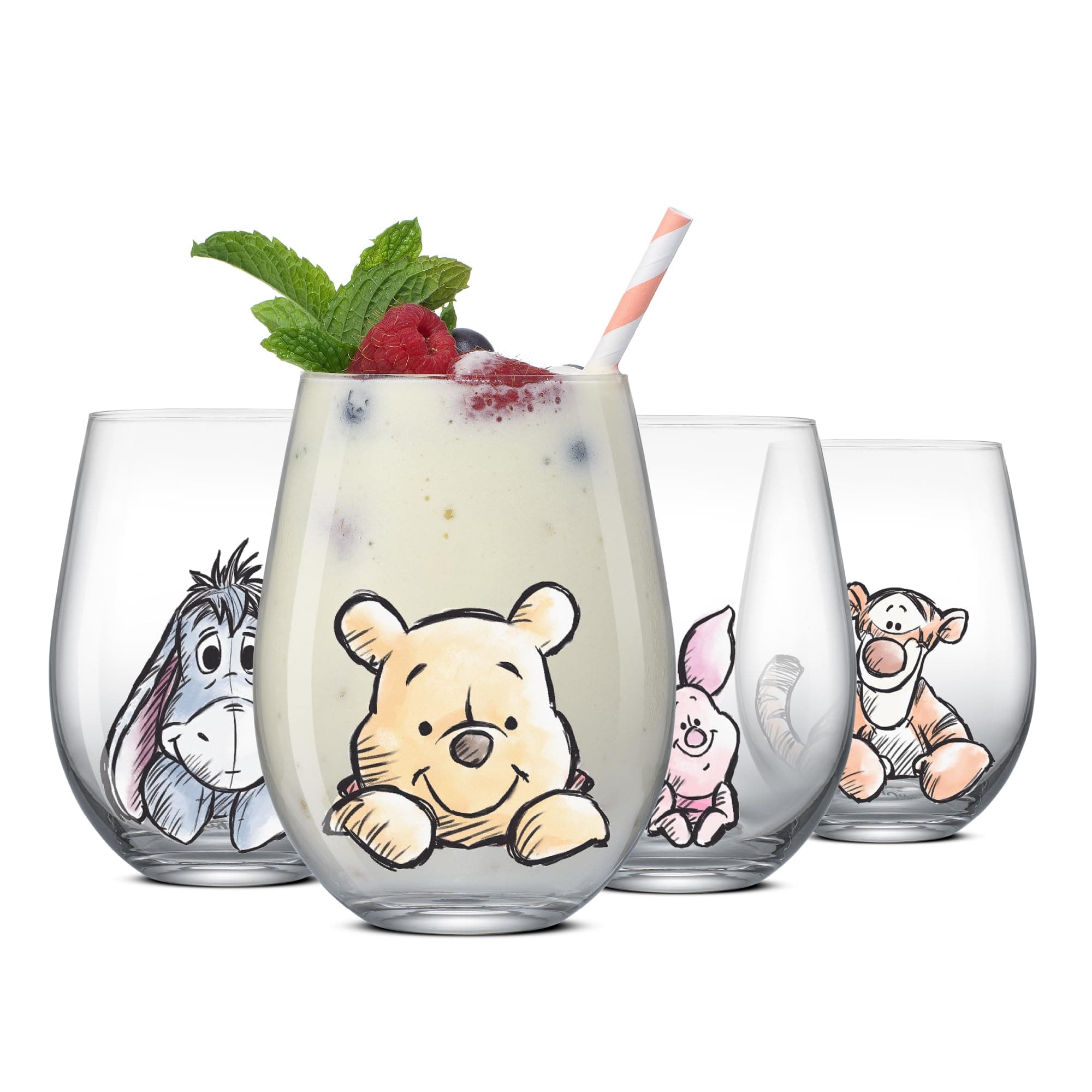 JoyJolt Disney Winnie the Pooh Exploring a Classic Stemless Drinking Glasses, 19oz Glass Cups ft Pooh Bear Tigger Piglet Eeyore, Kitchen Glassware Set of 4, Winnie the Pooh Adult Gifts