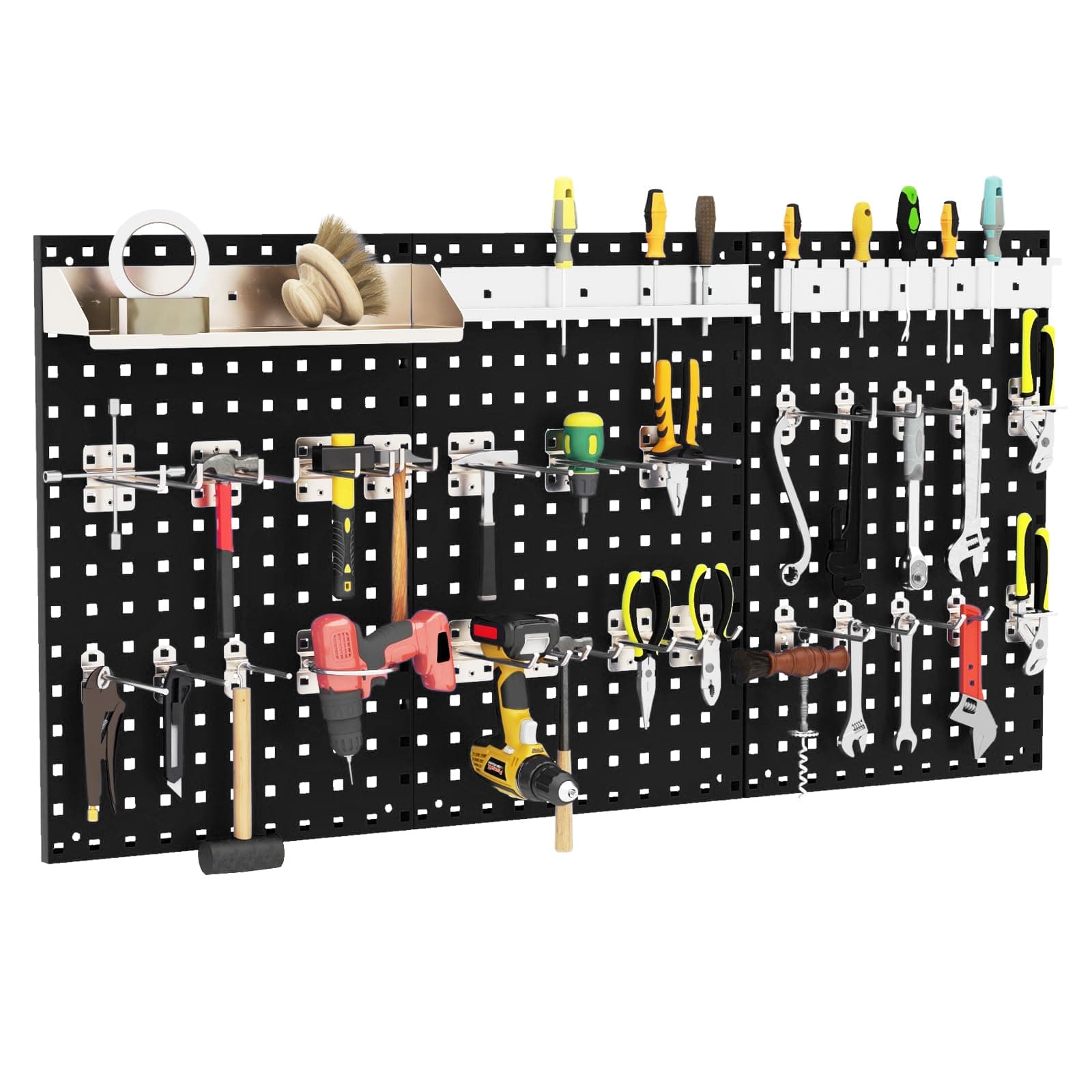 120 x 60cm Pegboard Organizer Kit, Wall Mounted Tool Rack with 3 Pegboards & 28 PCS Hanging Accessories, Garage Tool Storage Pegboard for DIY Workshop (Black)