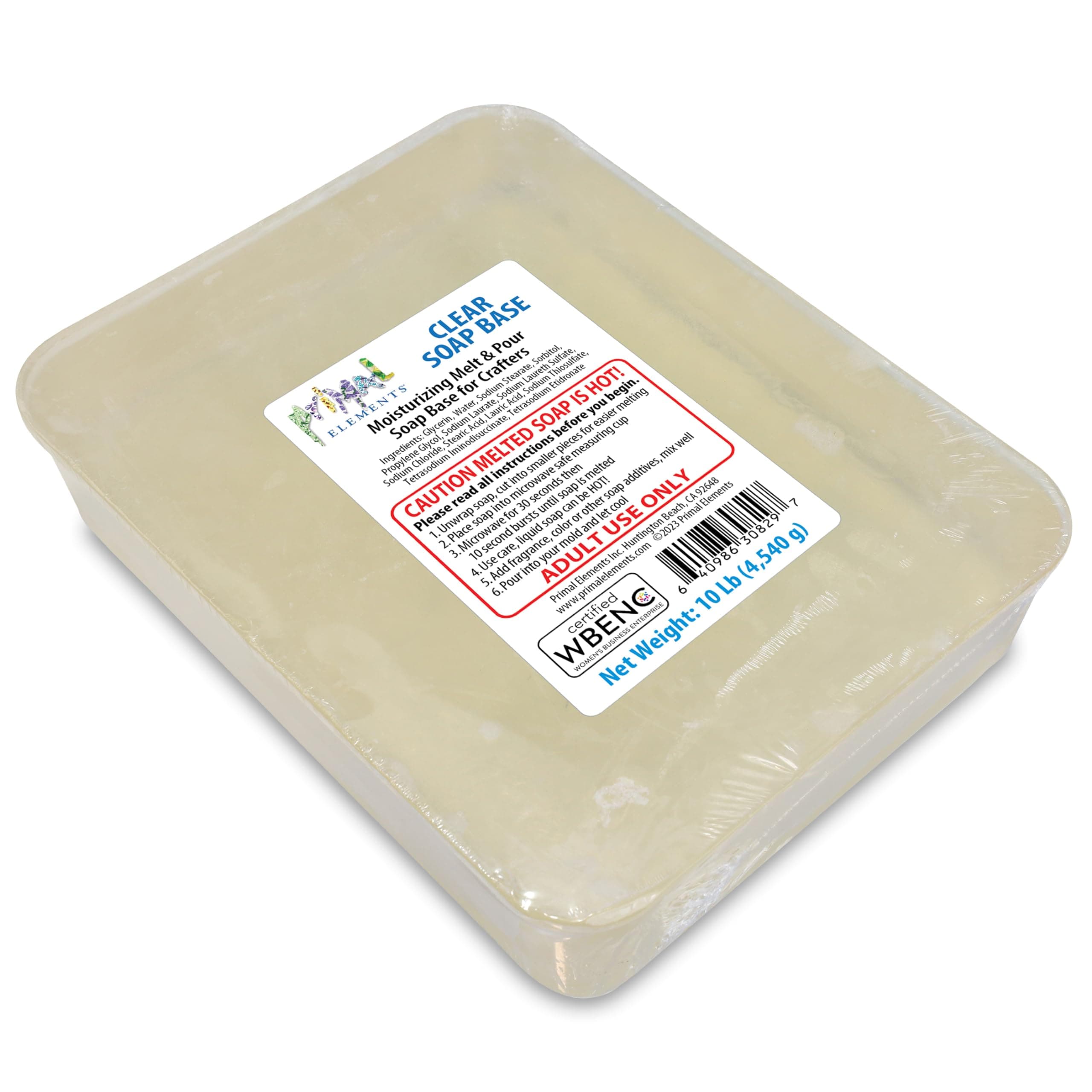 Primal Elements Clear Soap Base - Moisturizing Melt and Pour Glycerin Base for Crafting, Easy to Cut, Unscented - 10 Pound