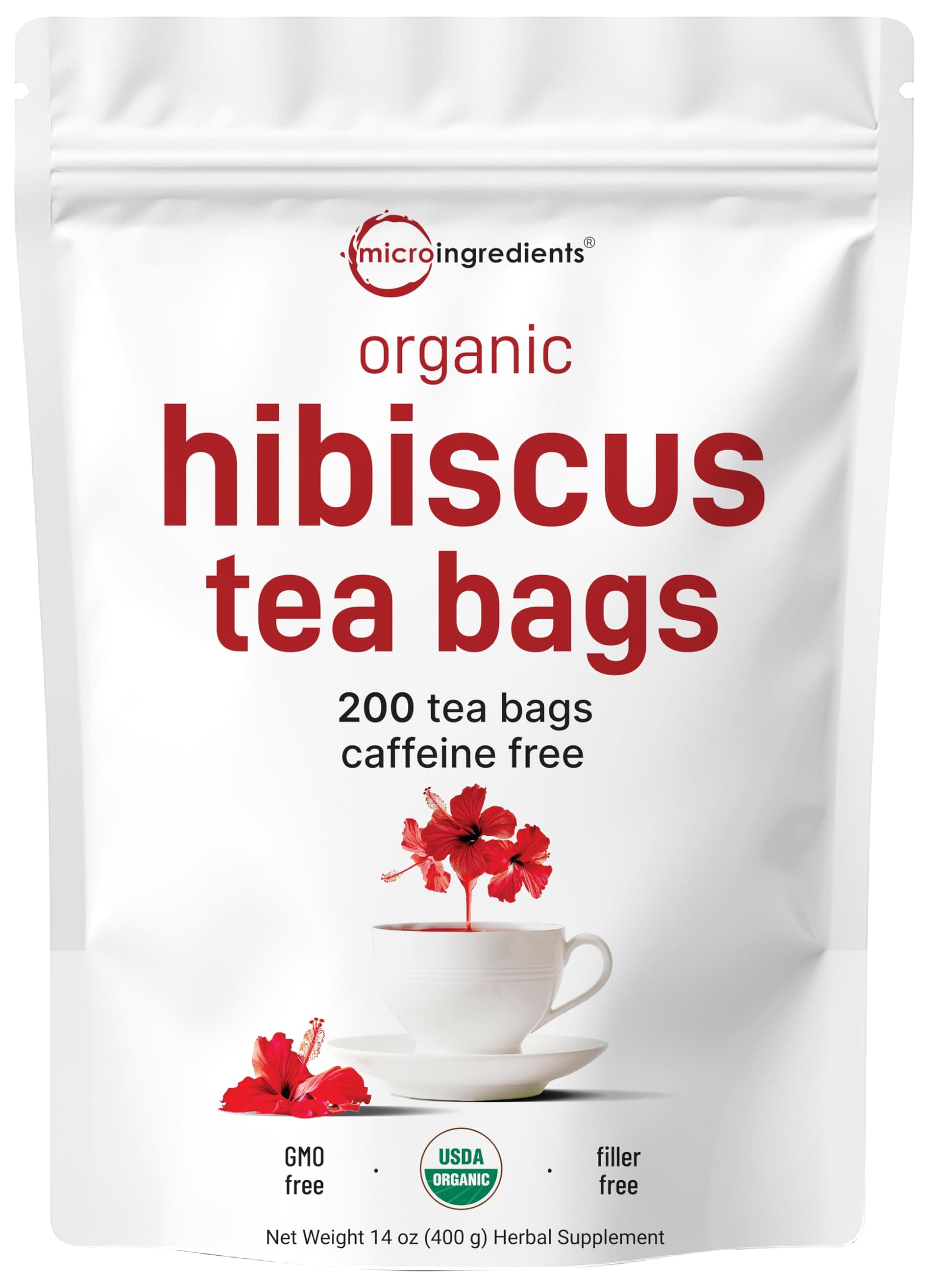 Micro Ingredients Organic Hibiscus Tea Bags, 200 Count | Premium Source for Herbal Tea | Eco-Friendly Hemp Paper Tea Bags | Caffeine Free, Non-GMO, No Sugar