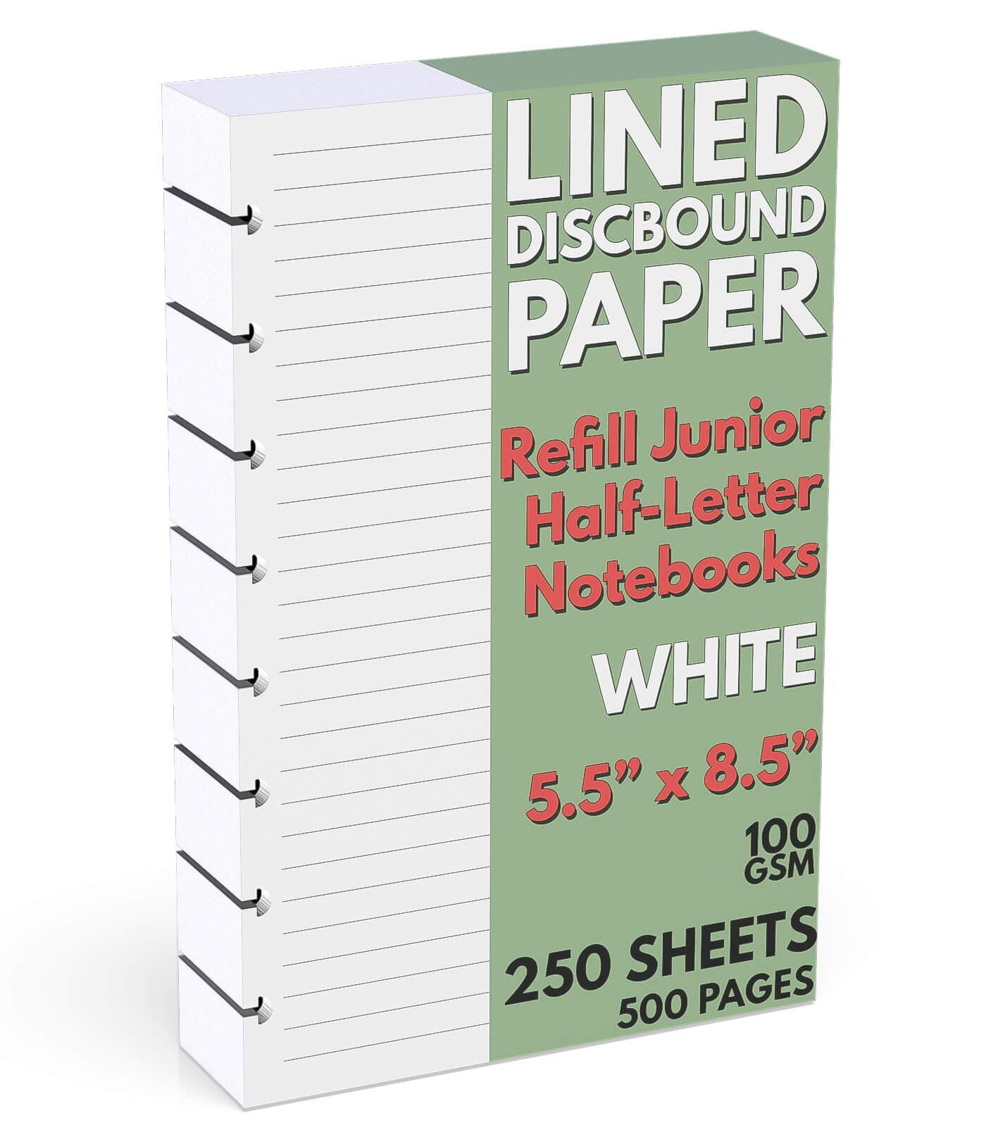 Sort Out My Life Discbound Half-Letter Size Lined Paper Refill, 250 Sheets (500 Pages), 5.5 in. x 8.5 in, 100 GSM, Junior Size 8 Disc Notebooks