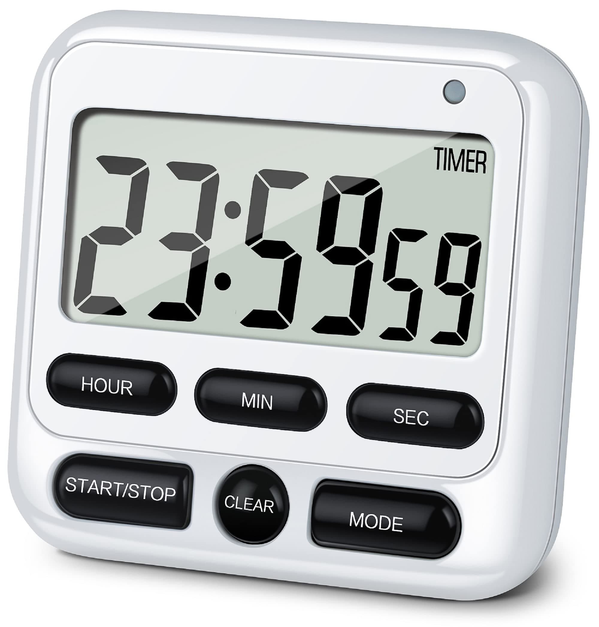 KTKUDY Digital Kitchen Timer with Mute/Loud Alarm Switch ON/Off Switch, 12-Hour Clock & Alarm, Memory Function Count Up & Count Down for Kids Teachers Cooking, Large LCD Display, Strong Magnet (White)