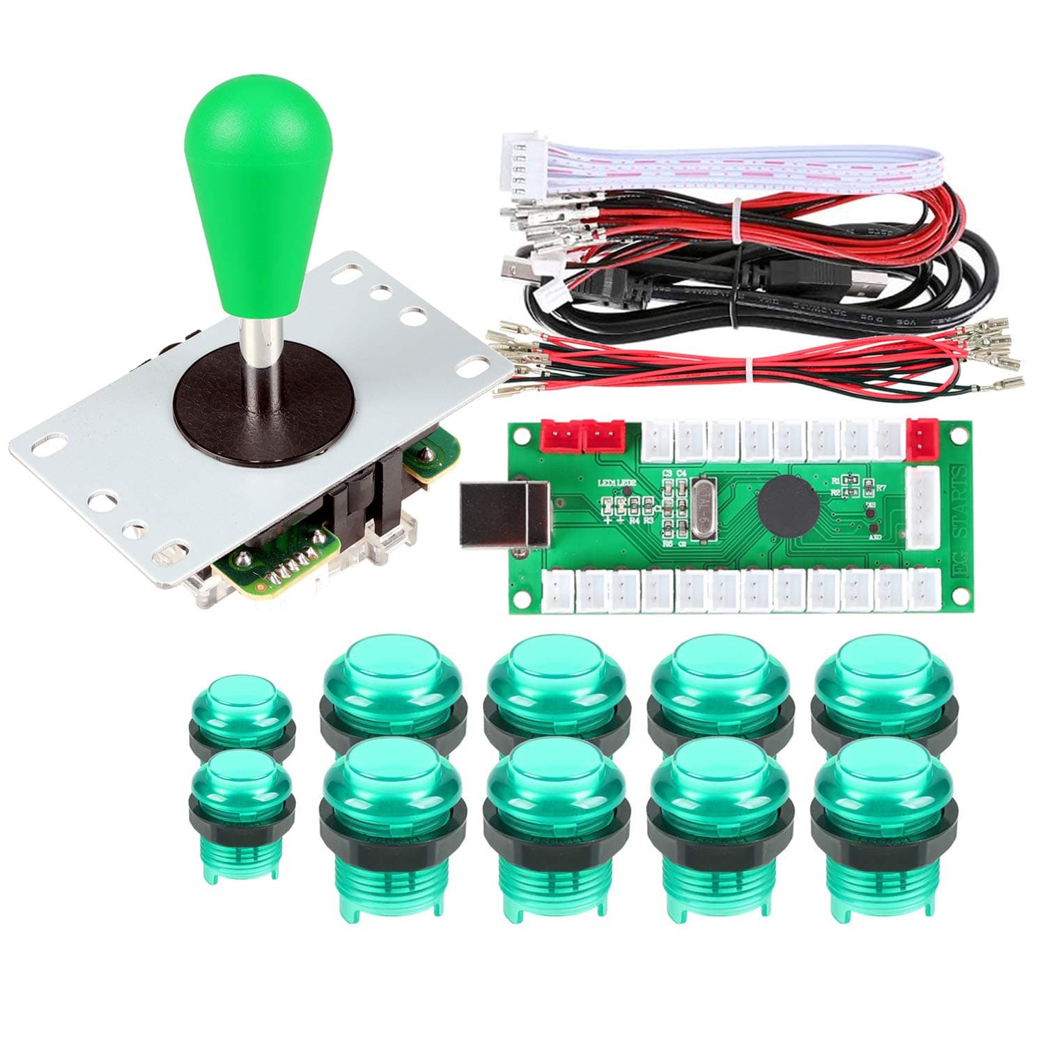 1 Player Arcade Buttons Joystick DIY Kit Parts Include 1x Ellipse Balltop Handle Stick 10x LED Arcade Button 1x USB Encoder Controller for PC MAME Raspberry Pi Windows (Green)
