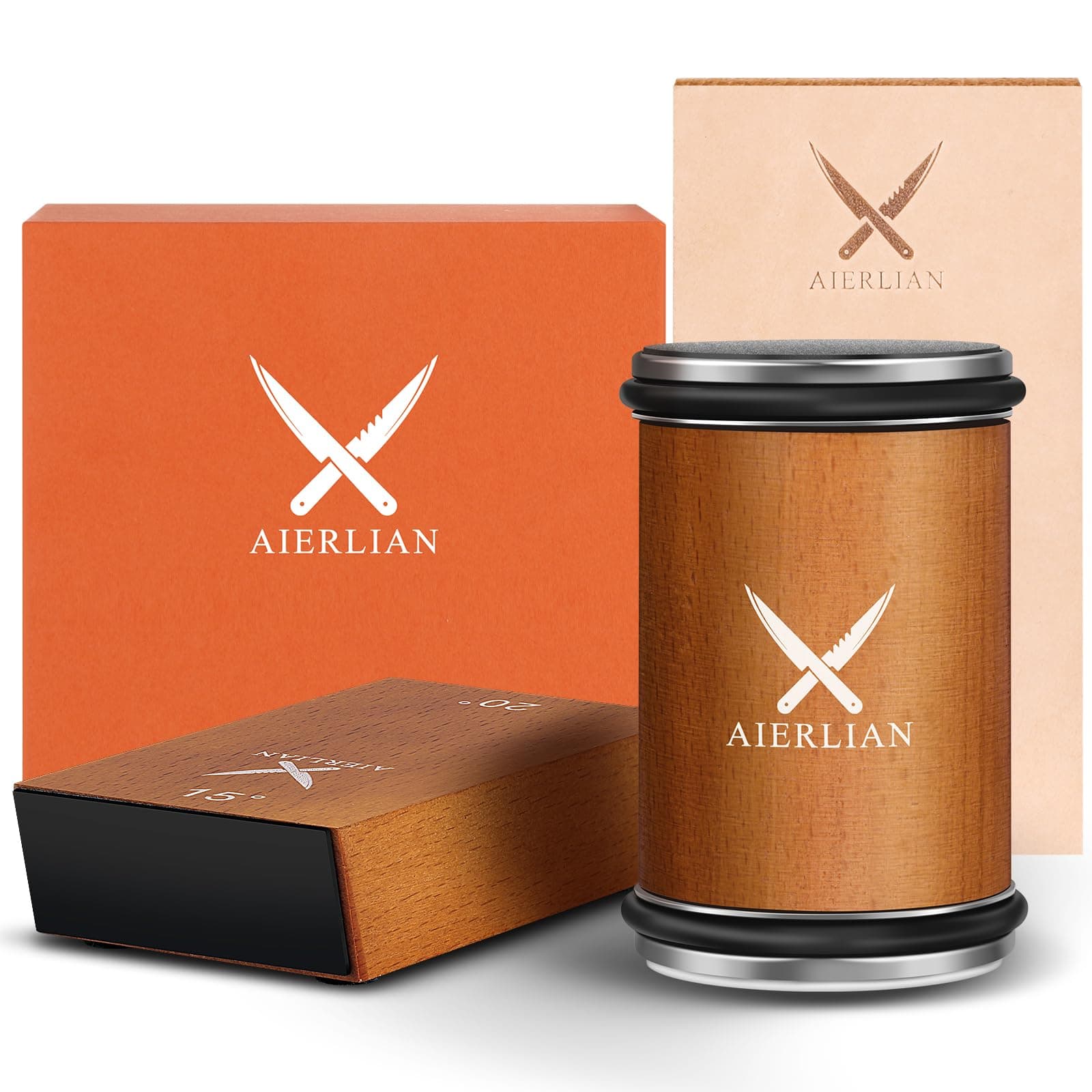 Knife Sharpener Tool, Rolling Knife Sharpener Kit, Knife Sharpening with Diamonds and Ceramic for Steel of Any Hardness, Kitchen knife Sharpener with 15 & 20 Degree Magnetic Angle(Brown)