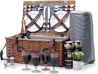 Picnic Basket for 4 - Wicker Picnic Set with Large Insulated Cooler Compartment, Waterproof Blanket, and Cutlery Service Kit for Camping and Outdoor Parties