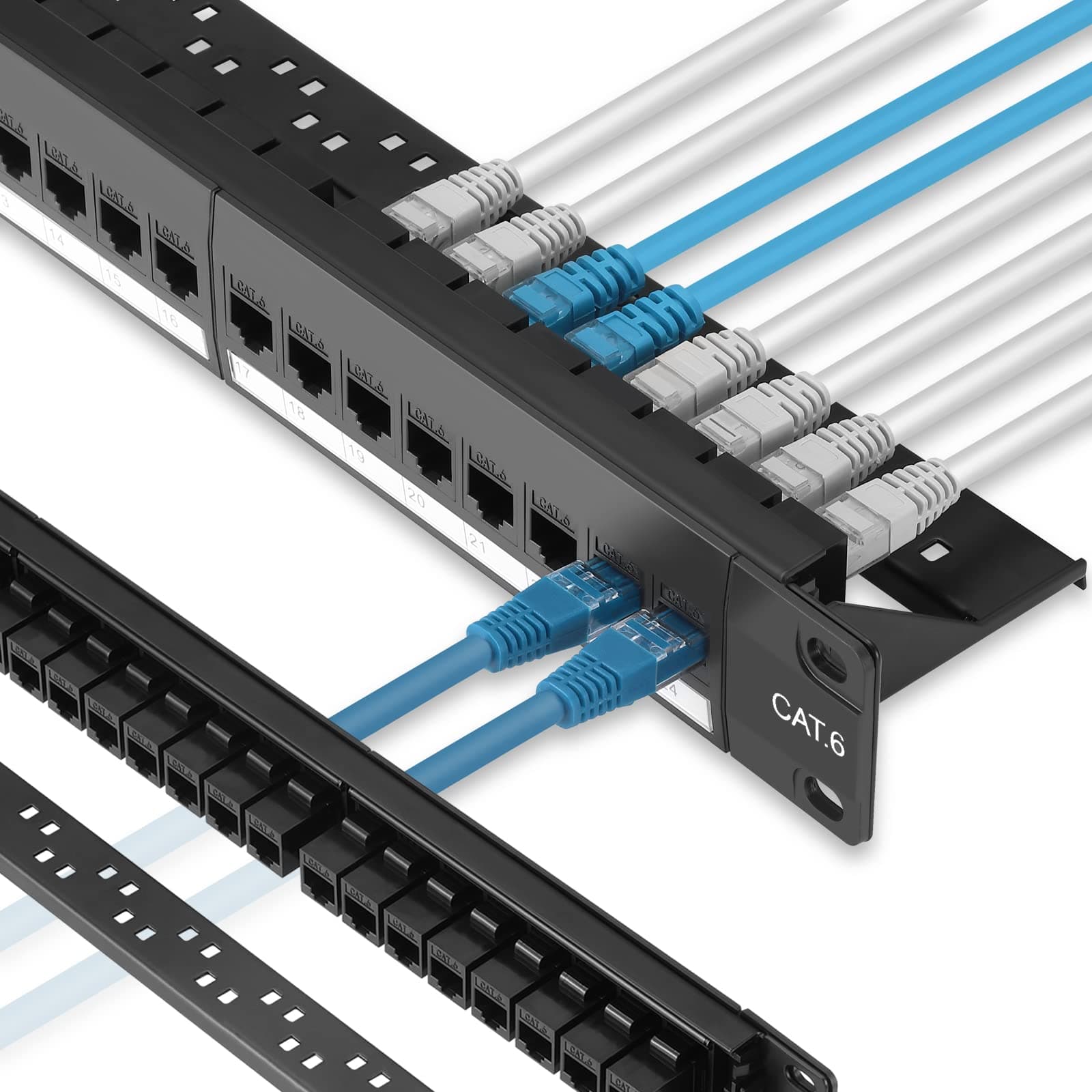 24 Port Cat6 Patch Panel with Inline Keystone 10G Support, Pass-Thru Coupler UTP 19-Inch, Removable Back Bar, 1U Network for Cat6, Cat5e, Cat5 Cabling