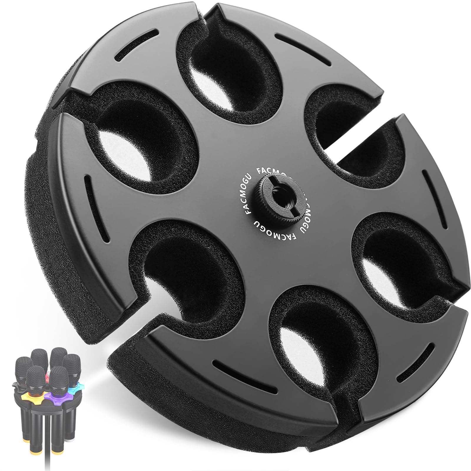 Facmogu Multi Microphone Holder, Aluminum Multi Mic Holder Holds Up to 6 Mics for Organizer & Display, Wired and Wireless Mic Holder w/ 3/8"-16 Threaded Adapter for Stand (Holder Only)