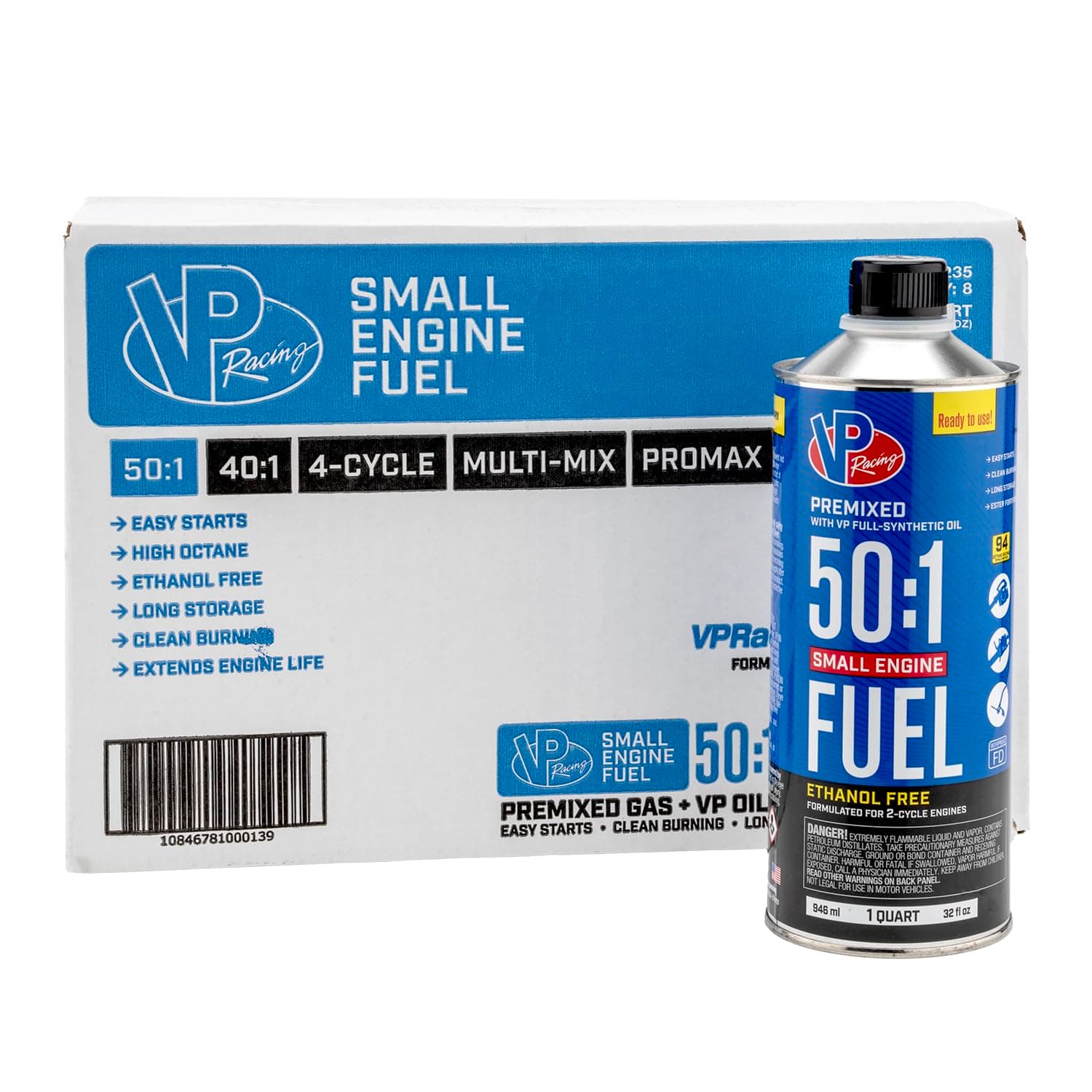 VP Small Engine Fuels 6238 Ethanol-Free 50:1 2-Cycle Gas+Oil - 1 quart, Pack of 8