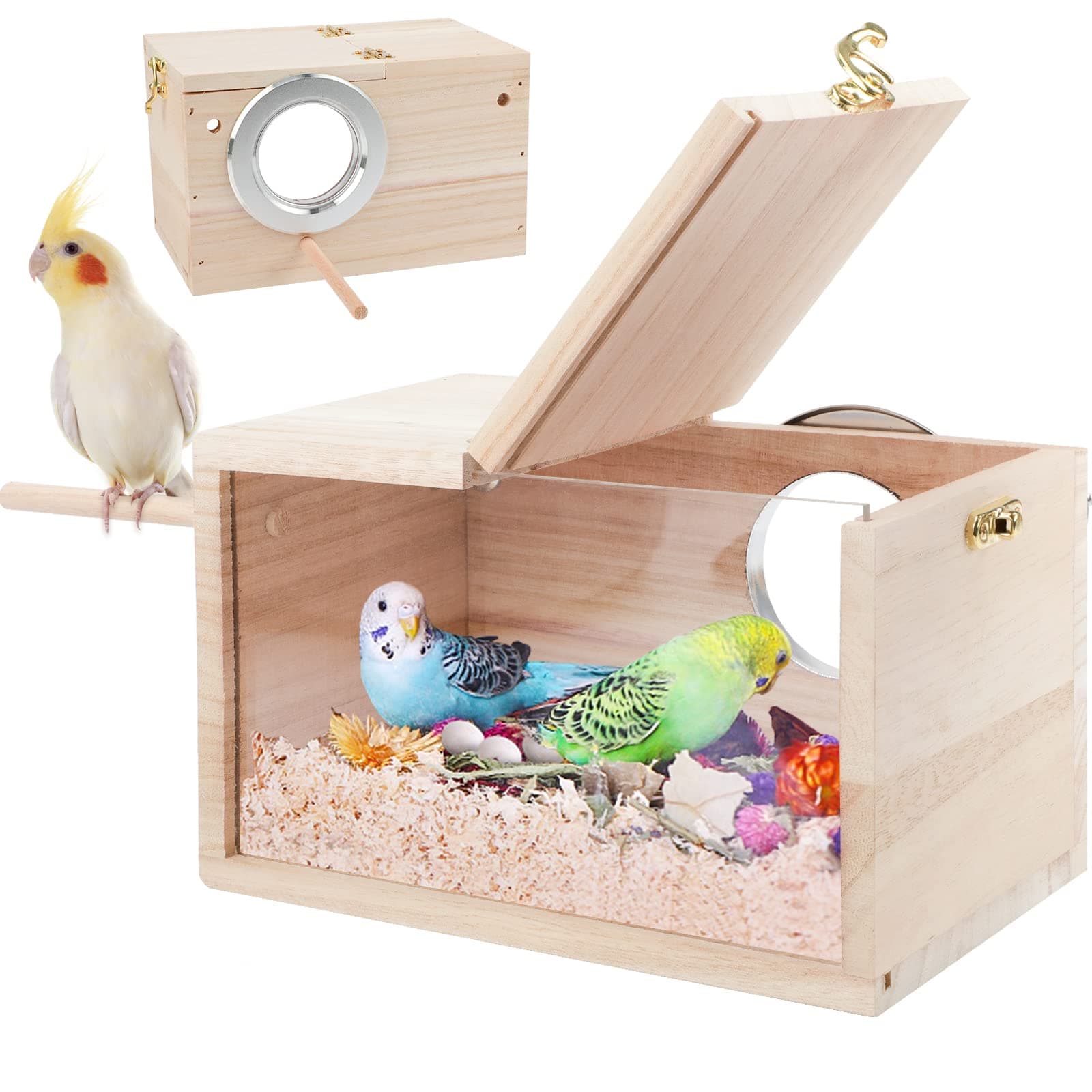 Parakeet Nesting Box Transparent Design, Thwartwise Bird Nest Breeding Box with Perch Wood Bird Cage House for Cockatiel Lovebirds Budgie Finch Parrotlets Canary S