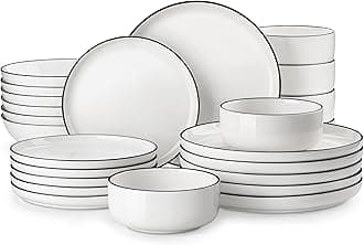 Plates and Bowls Sets, 24 Pieces Modern Porcelain Dinnerware Set for 6 Ceramic Dishware Dishes White Kitchen Dinner Dining Ware Set wtih Black Rim Microwave and Dishwasher Safe, Series LUNA