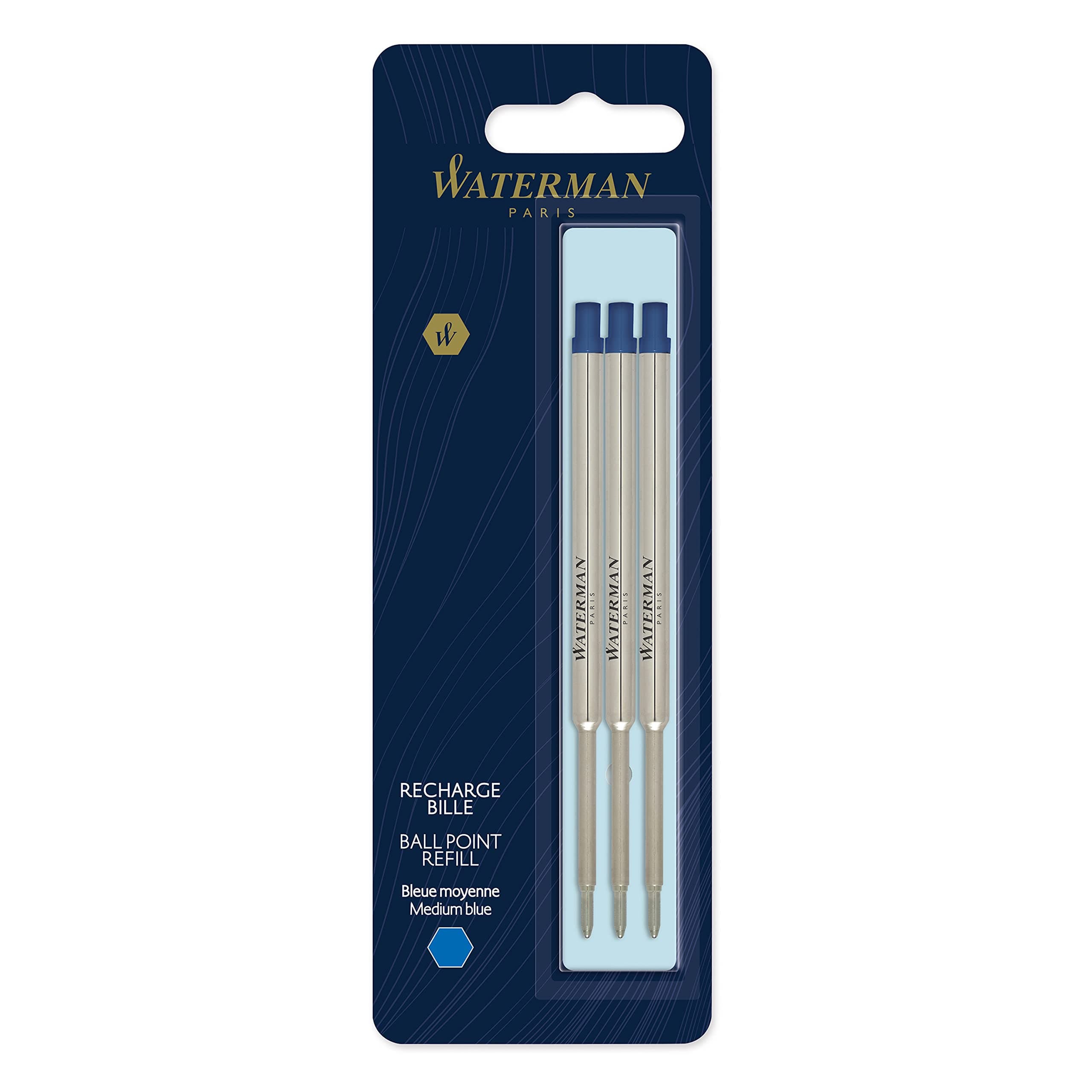 Waterman Ballpoint Pen Refill, Medium Point, Blue Ink, 3 Count
