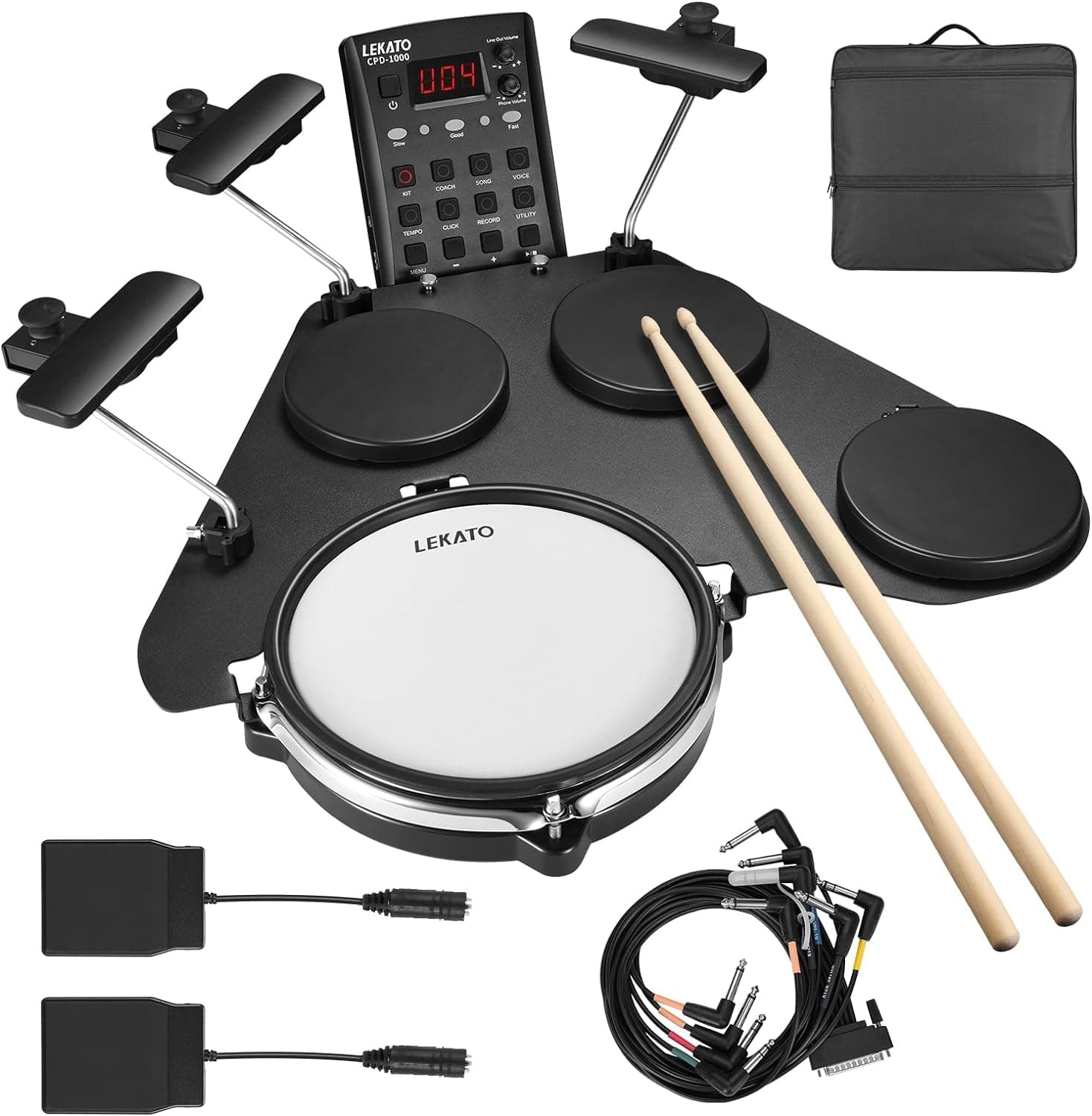 LEKATO Electronic Drum,Portable Electric Battery for Beginners with Silent Mesh Box Pads More than 220 Sounds,USB MIDI,2 Pedals,2 Drumsticks,Travel Bag