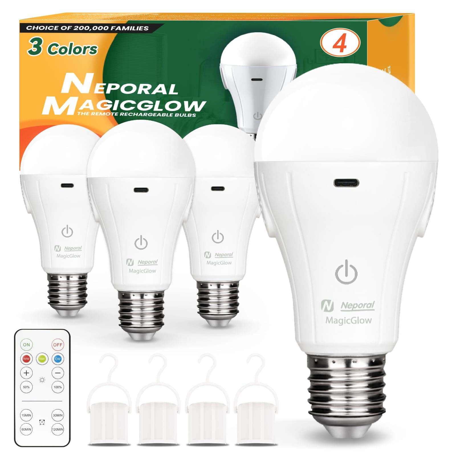 Neporal MagicGlow Rechargeable Light Bulbs with Remote, 3 Color Shift + Dimmable Battery Powered Light Bulbs, USB Rechargeable, A19 Emergency LED Light Bulb, 15W (3000-6000K, Count, 4.0)