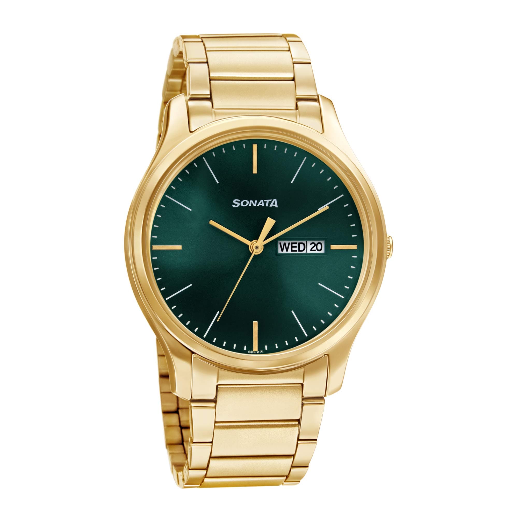 Sonata Essentials Quartz Analog with Day and Date Forest Green Dial Gold Stainless Steel Strap Watch for Men - NT77082YM05W