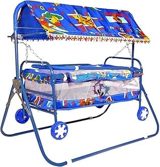 AVANI METROBUZZ Mosquito Net Jhulla Cradle with Swing for New Born Baby 1-2 Years Babies-Newborn Baby Cotton Baby Sleep Swing Cradle-Baby Jhula Jhoola Set with Mosquito Net and Spring (Blue)