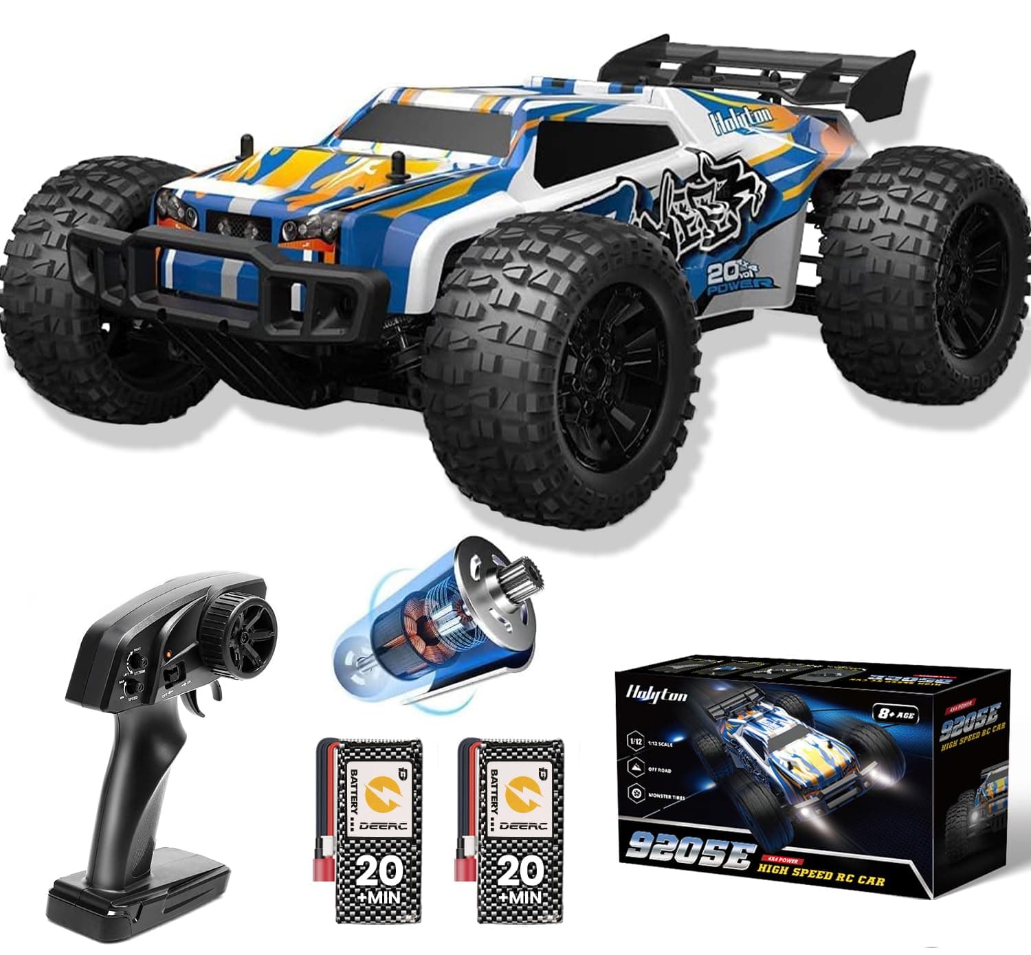 DEERC 9205E 1:10 Remote Control Truck with Lights, 48 km/h High Speed 4x4 RC Car, 40+ Min Play Time, 2 Batteries, All Terrain Off Road Monster Crawler RC Vehicle, Hobby Grade for Adults and Kids