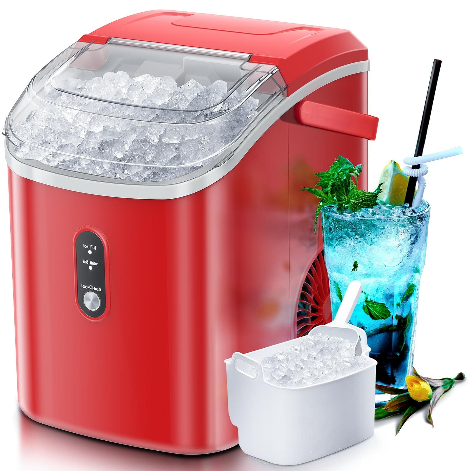 Nugget Countertop Crushed Ice Maker with Soft Chewable Ice, Automatic 34lbs in 24 Hours, Pebble Portable Ice Machine with Ice Scoop, Self-Cleaning, One-Click Operation, for Kitchen, Office Red