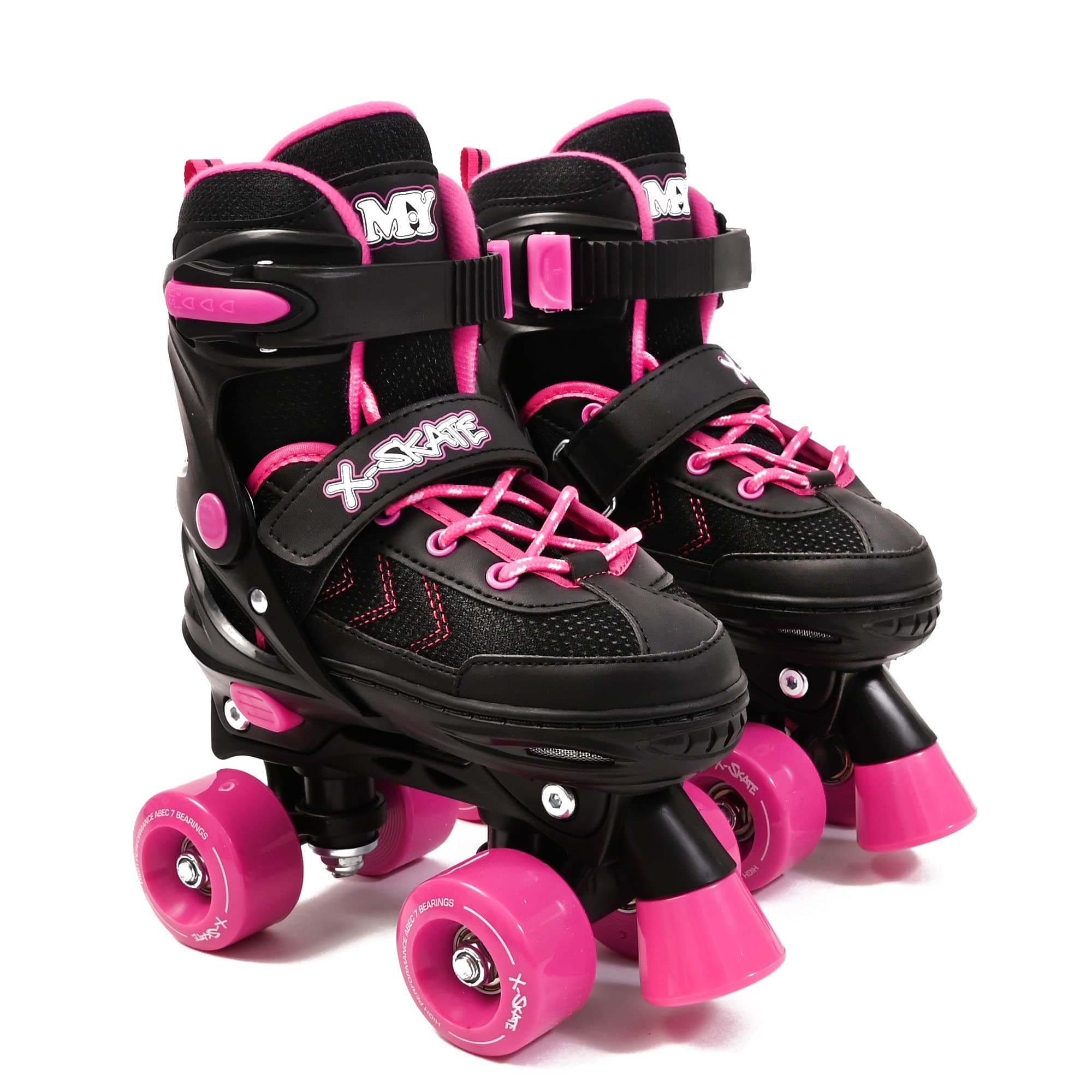 M.Y X-Skate Adjustable Quad Roller Skates with Built In Adjusters Kids Roller Boots for Boys & Girls