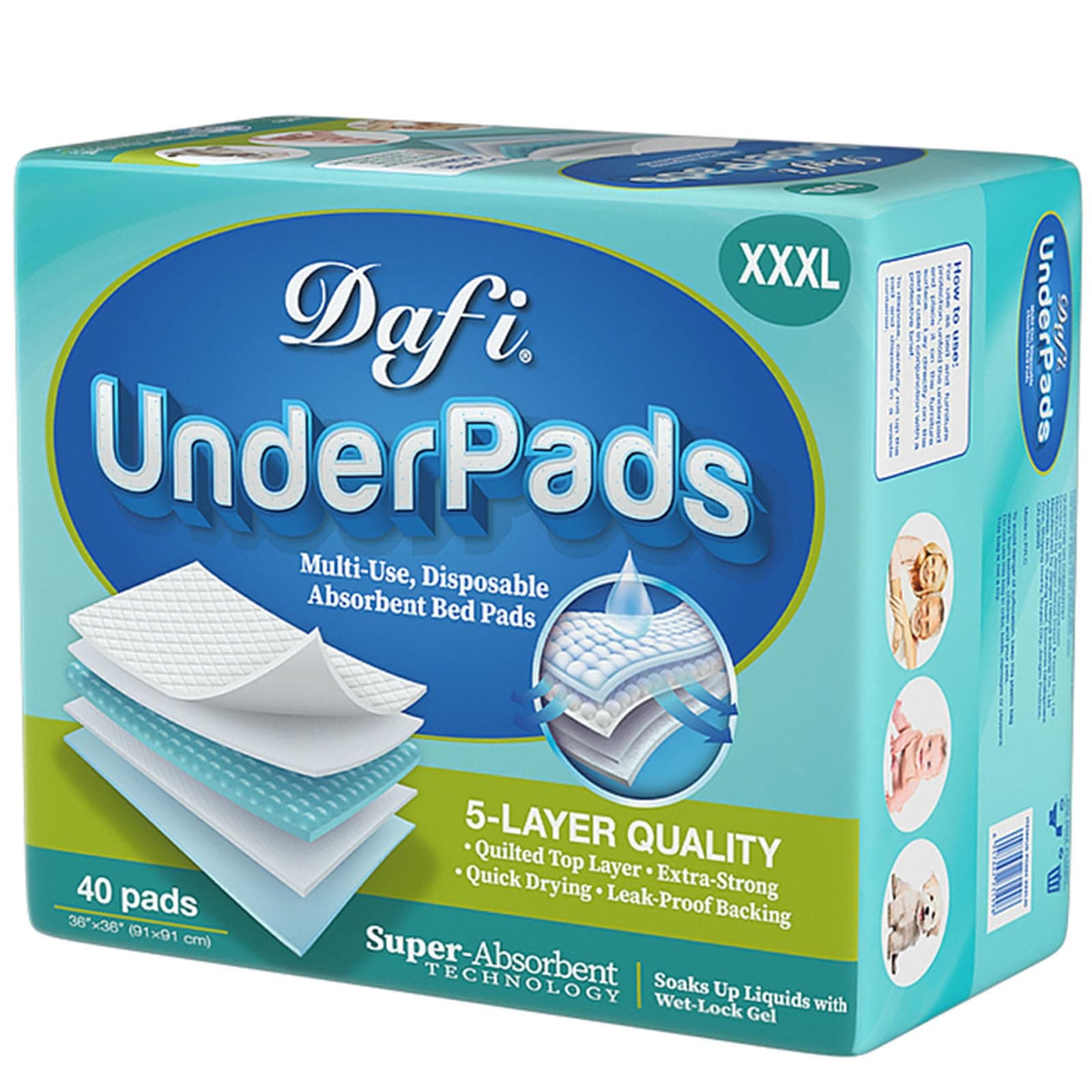DAFI Disposable Bed Pads Extra Large 36”x 36”(40 Count) Adult Incontinence Underpads, Effective Odor Control Pee Pads, Chucks Pads, Super Absorbent Protection for Elderly, Adults, Baby