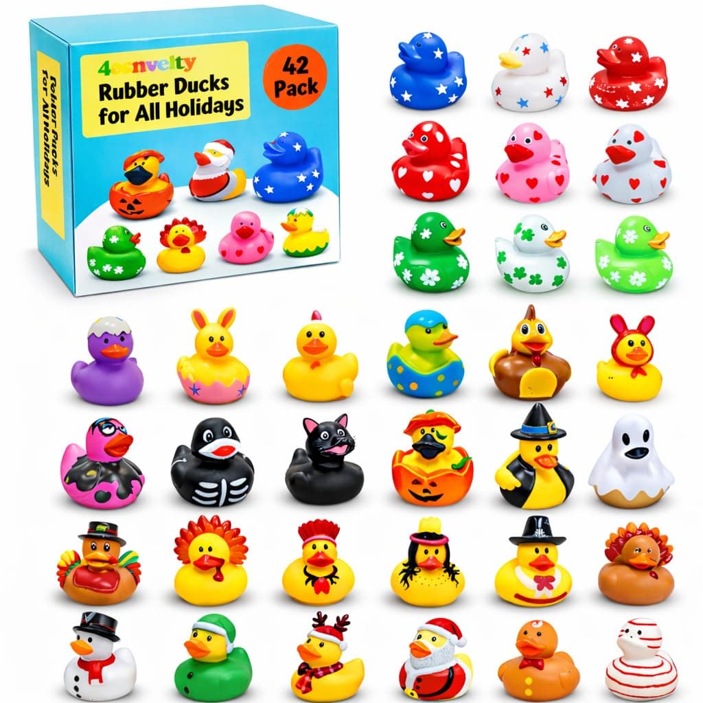 4E's Novelty Rubber Ducks for All Holidays, Bulk Pack of 42 - Includes 6 of Each Holiday, St Patricks Day Duckies, Easter, July 4 Ducks, Bath Toys for Kids, Gift for Jeep Owners, Jeep Ducking