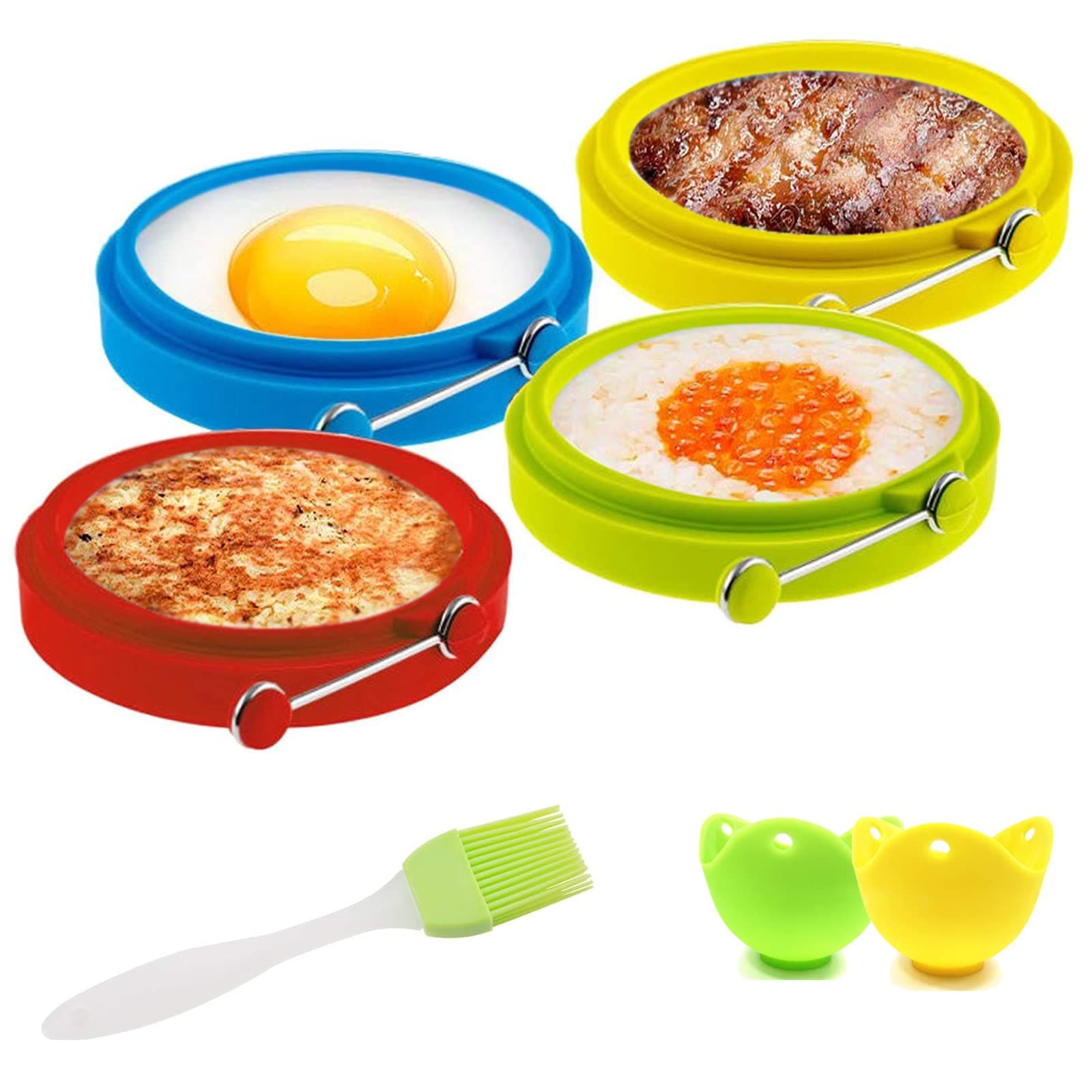 Silicone Egg Rings Round - NUIBY Non Stick Fried Egg Mold - Pancakes Maker Molds - Breakfast Egg Sandwich Cooker Maker - 4 Pack 4 Color, with Bonus 1 Spray Brush and 2 Egg Poachers