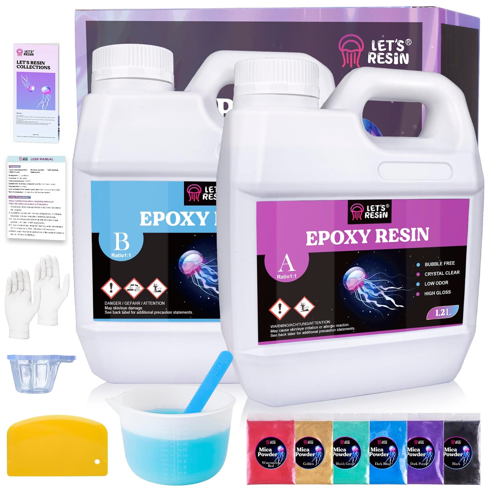 2.4L Crystal Clear Casting Resin Kit, Bubbles Free Epoxy Resin Kit, Clear Resin for Tumblers, Moulds, Jewelry, Table Top, Epoxy Resin with 6 Mica Powders, Large Silicone Cup and More