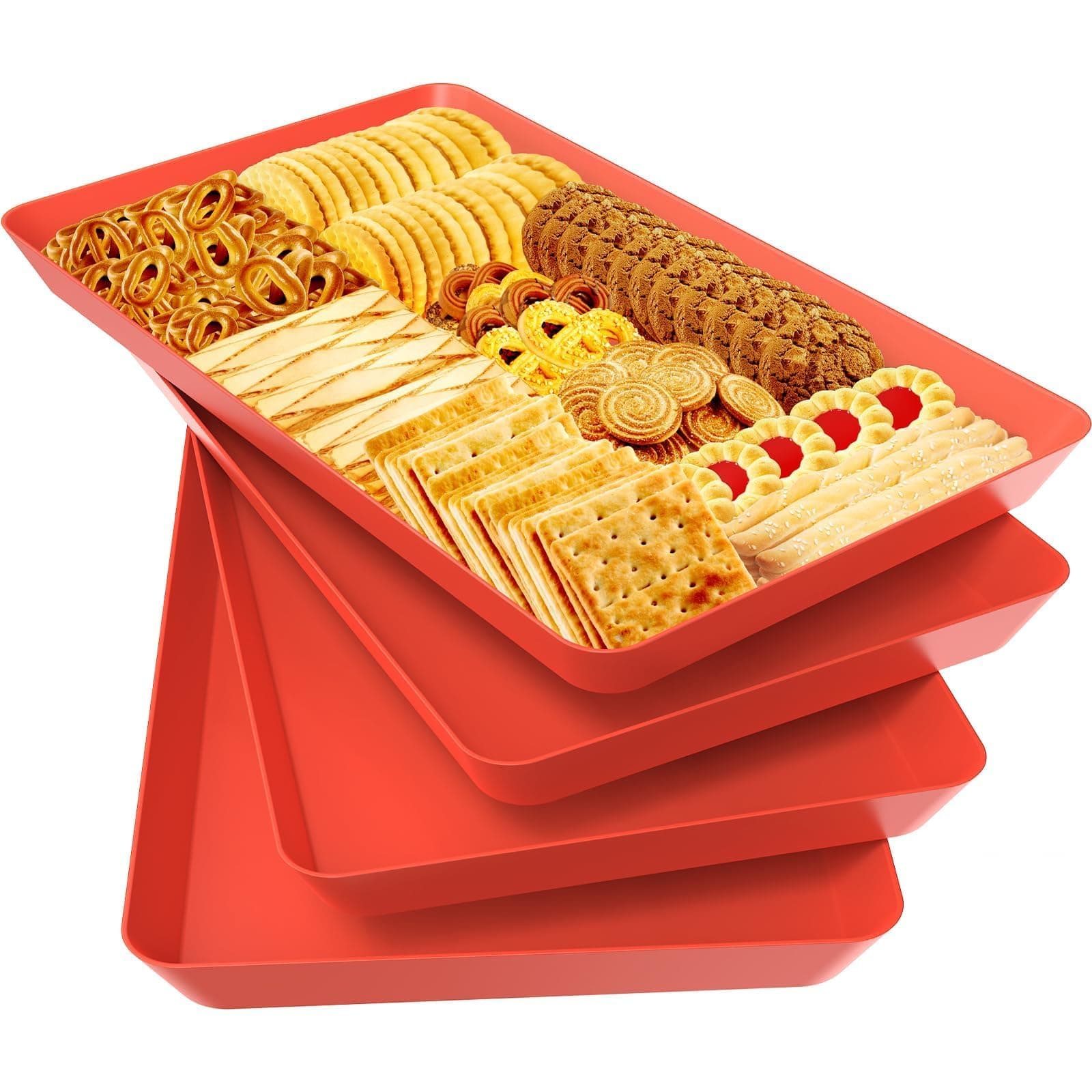 4 pcs Serving Tray for Entertaining, Serving Platters for Snacks, Fruit, Cookies, Dessert, Reusable Plastic Trays for Serving Food and Pantry Organization in Kitchen & for Parties, (Red)